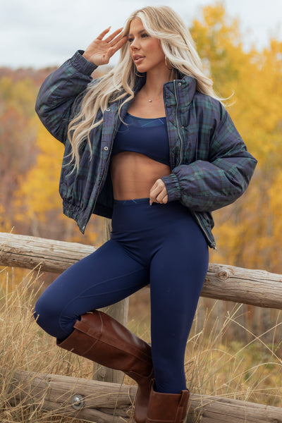 Pine Green Plaid Zip Up Mock Neck Puffer Jacket
