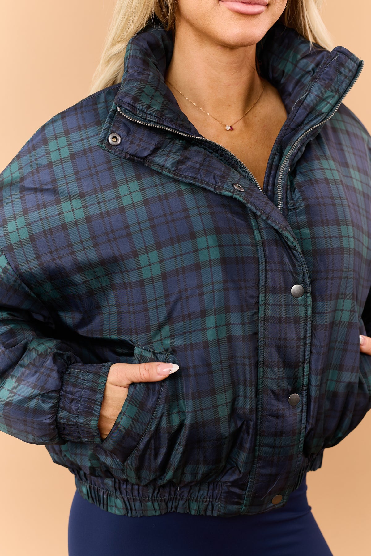 Pine Green Plaid Zip Up Mock Neck Puffer Jacket