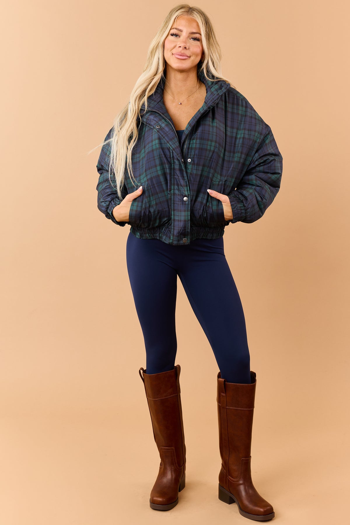 Pine Green Plaid Zip Up Mock Neck Puffer Jacket