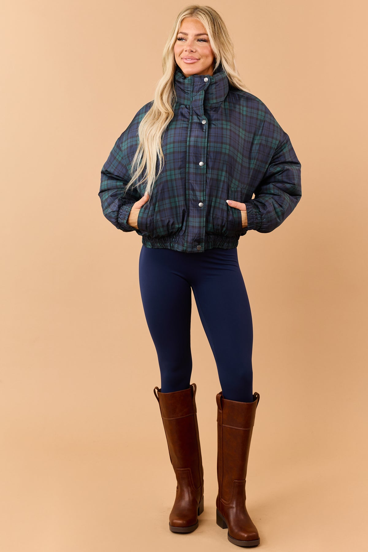 Pine Green Plaid Zip Up Mock Neck Puffer Jacket