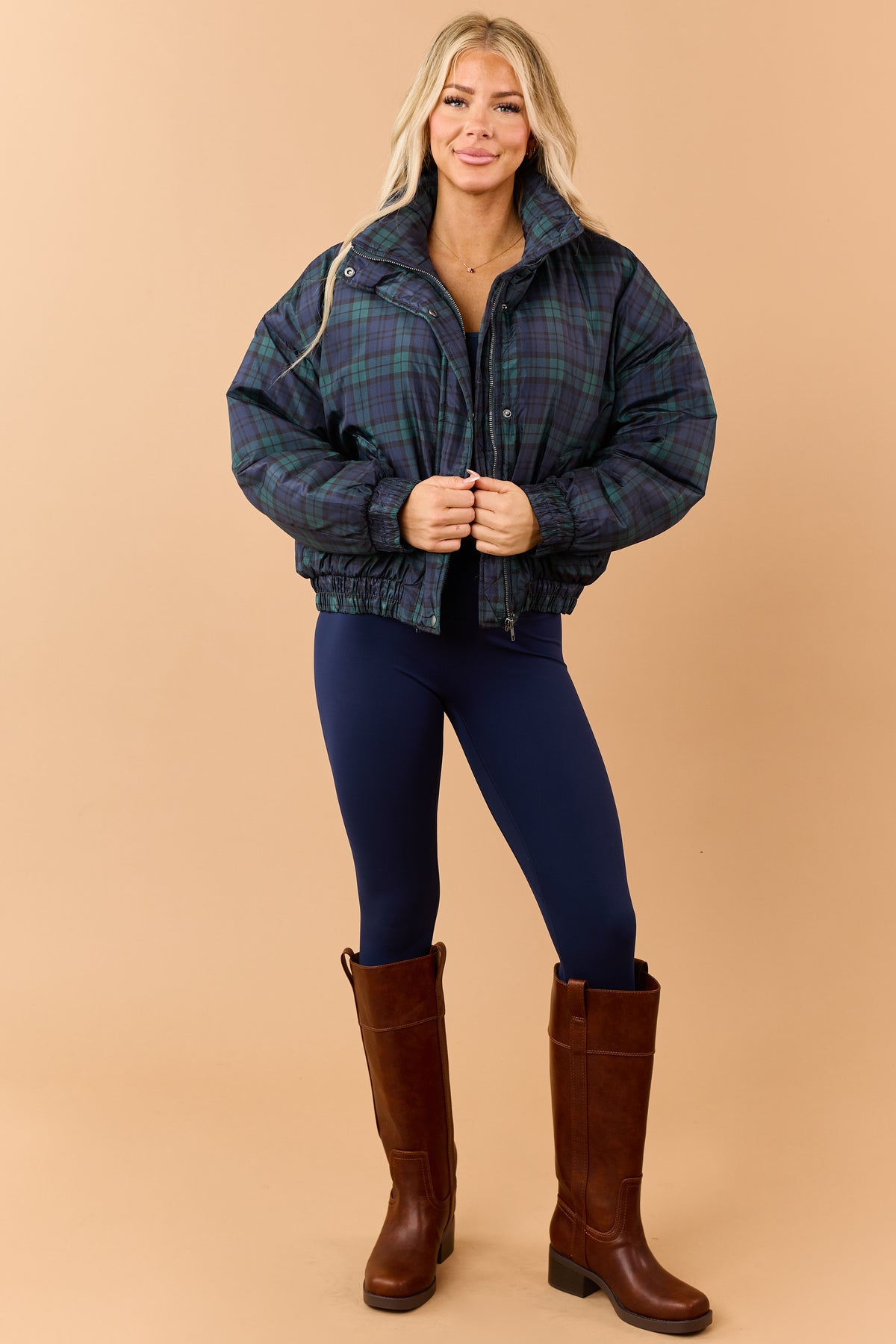 Pine Green Plaid Zip Up Mock Neck Puffer Jacket