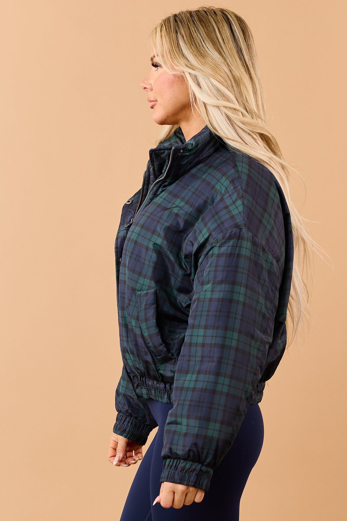 Pine Green Plaid Zip Up Mock Neck Puffer Jacket