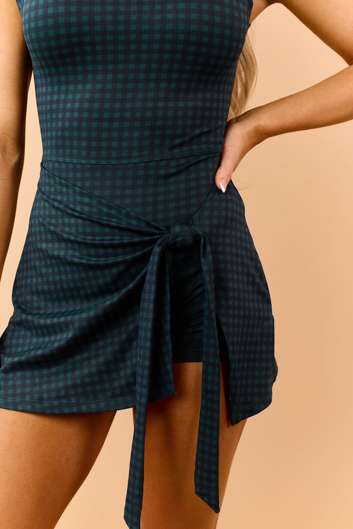Pine Green Scuba Knit Gingham Wrap Skort Romper