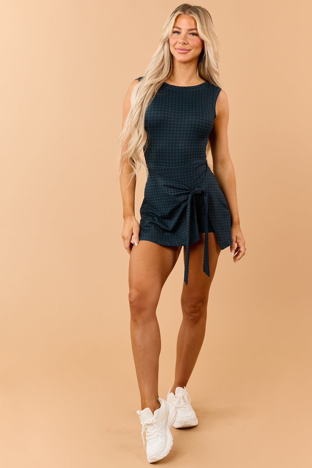 Pine Green Scuba Knit Gingham Wrap Skort Romper