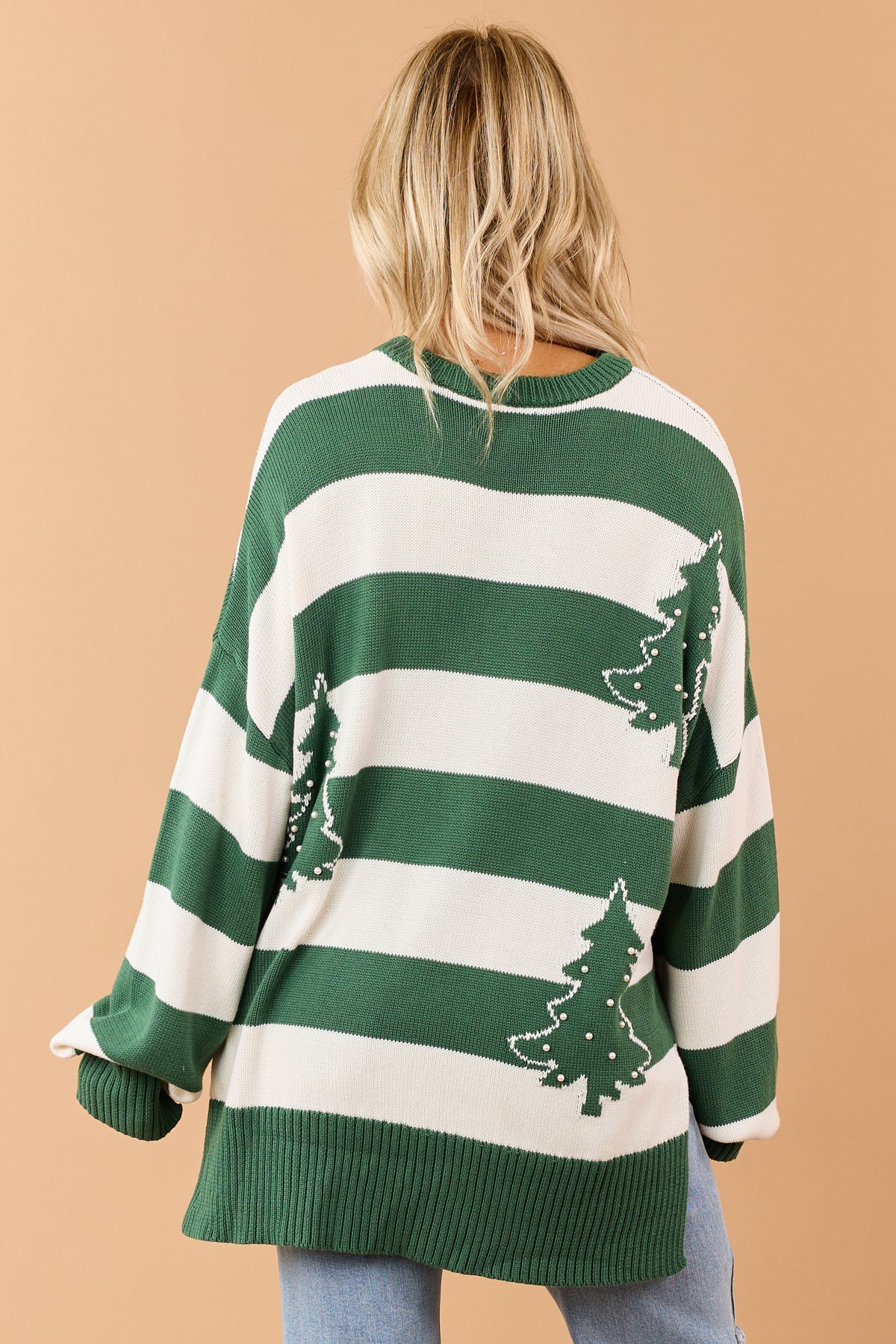 Pine Green Striped Pearl Holiday Tree Relaxed Sweater
