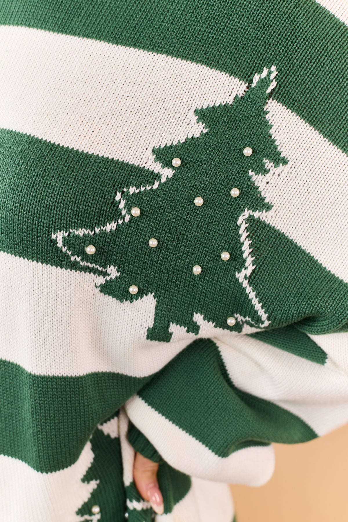 Pine Green Striped Pearl Holiday Tree Relaxed Sweater