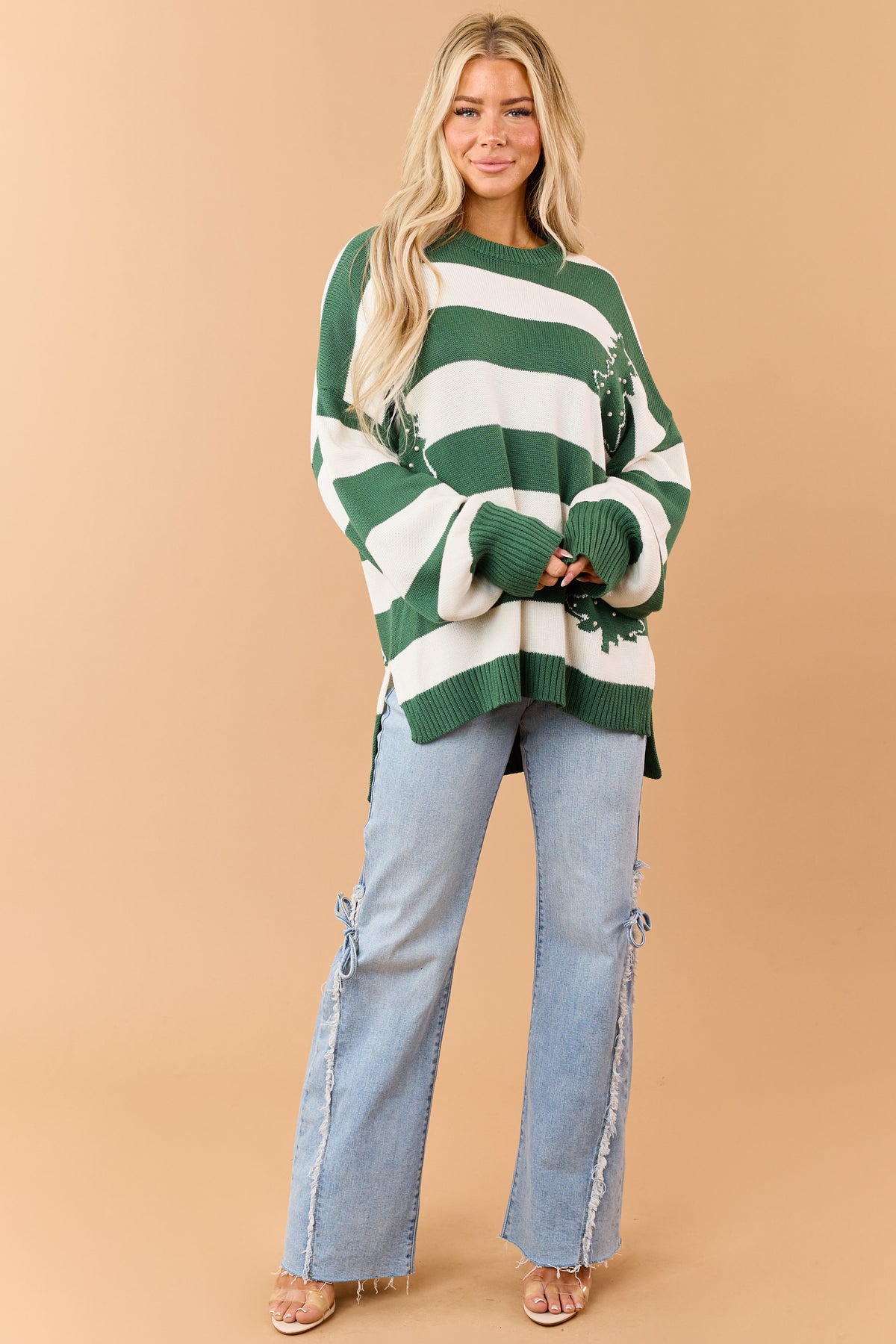Pine Green Striped Pearl Holiday Tree Relaxed Sweater