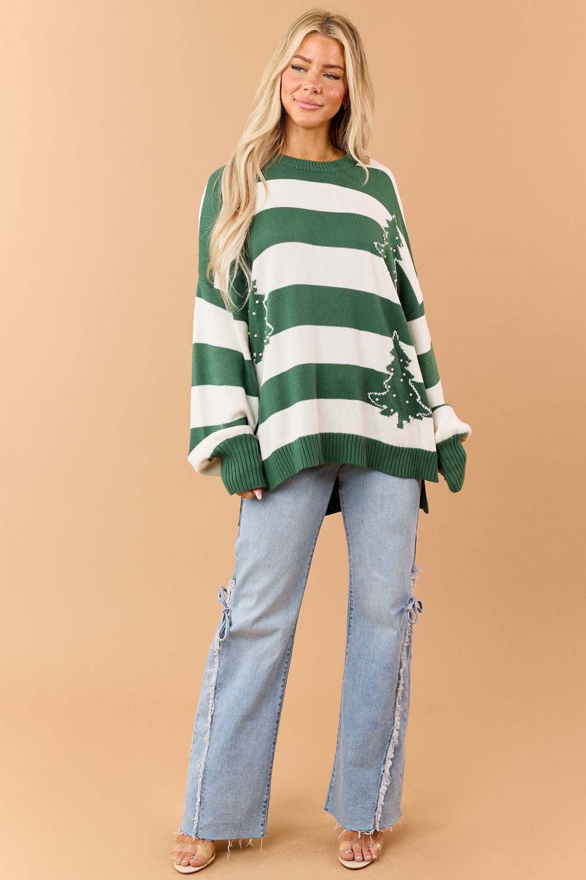 Pine Green Striped Pearl Holiday Tree Relaxed Sweater