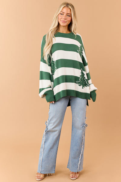 Pine Green Striped Pearl Holiday Tree Relaxed Sweater