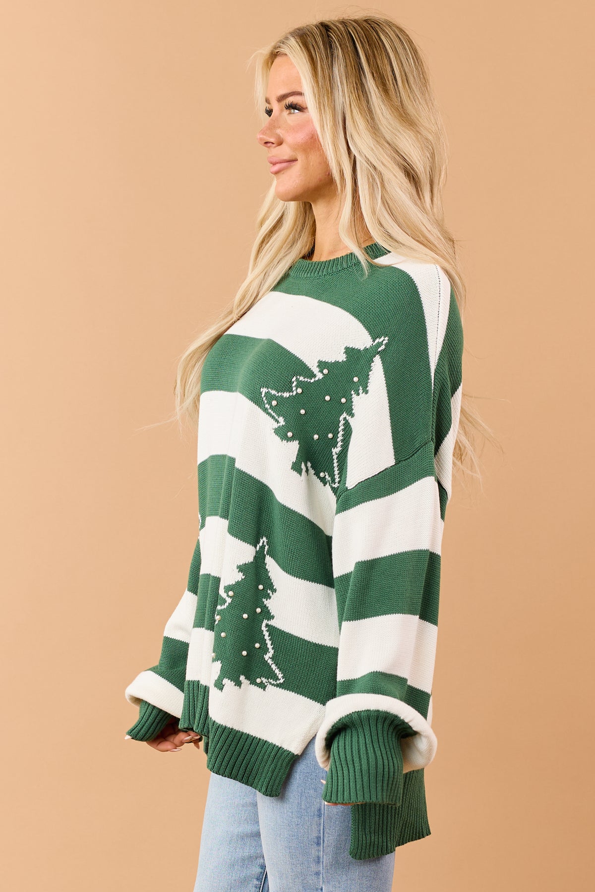 Pine Green Striped Pearl Holiday Tree Relaxed Sweater