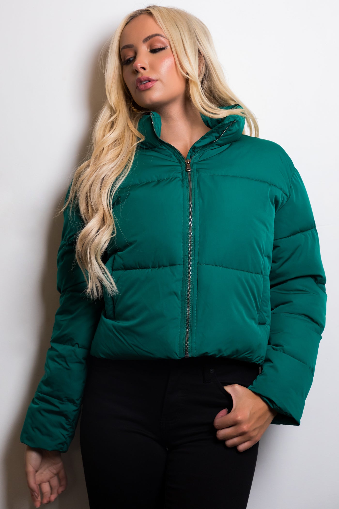Pine Green Zip Up Quilted Puffer Jacket