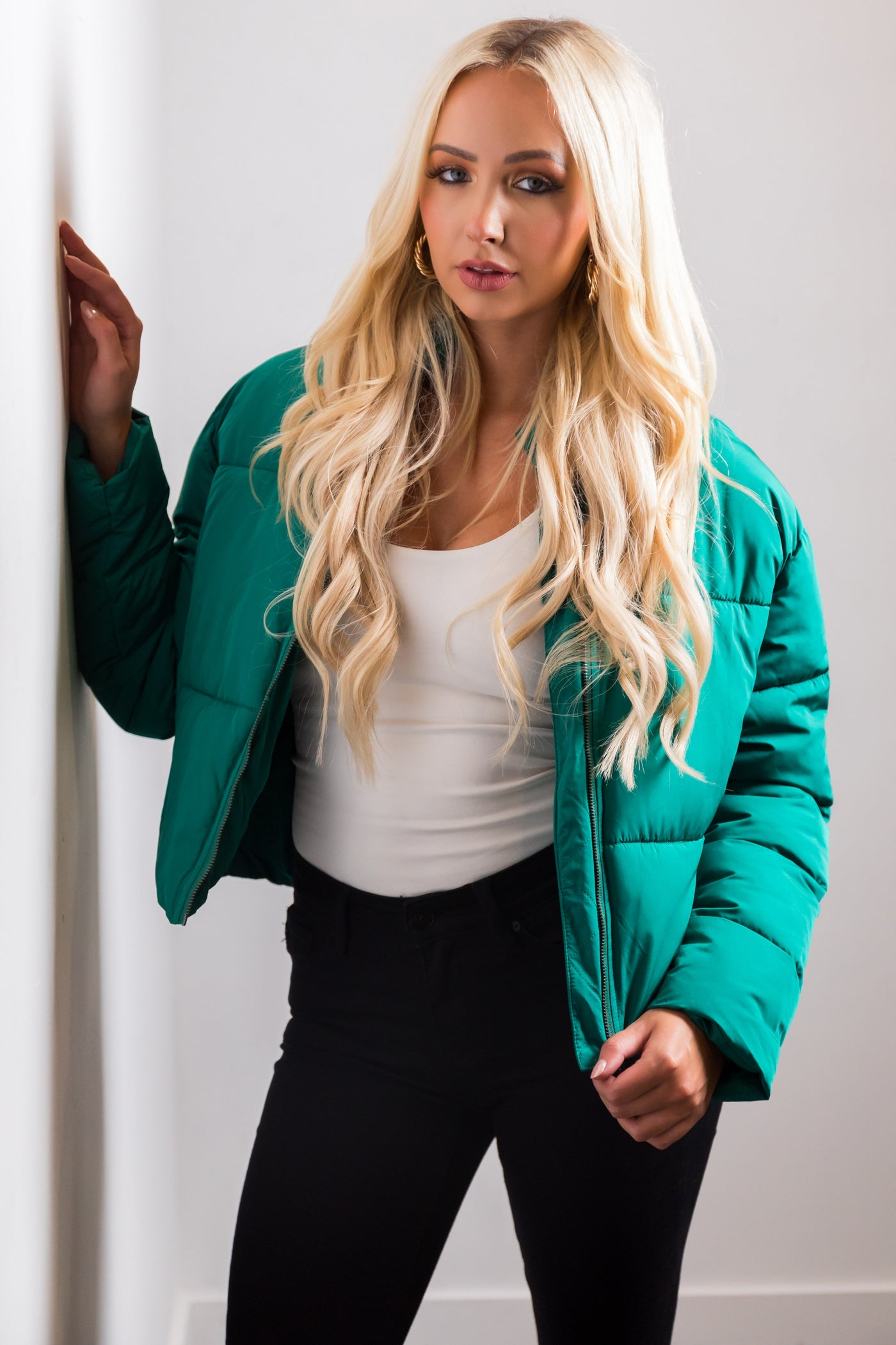 Pine Green Zip Up Quilted Puffer Jacket