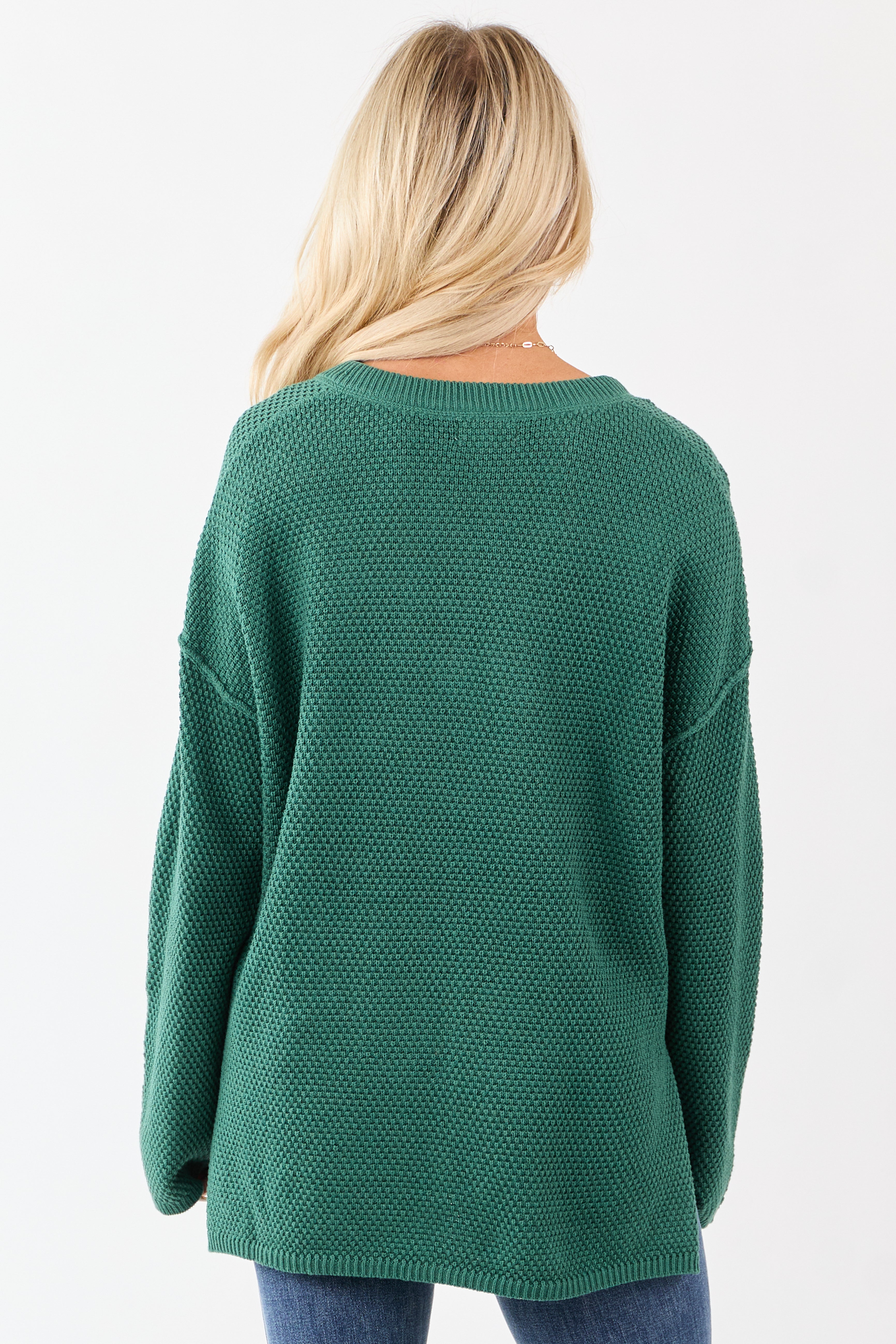 Pine Half Button Down Textured Knit Sweater