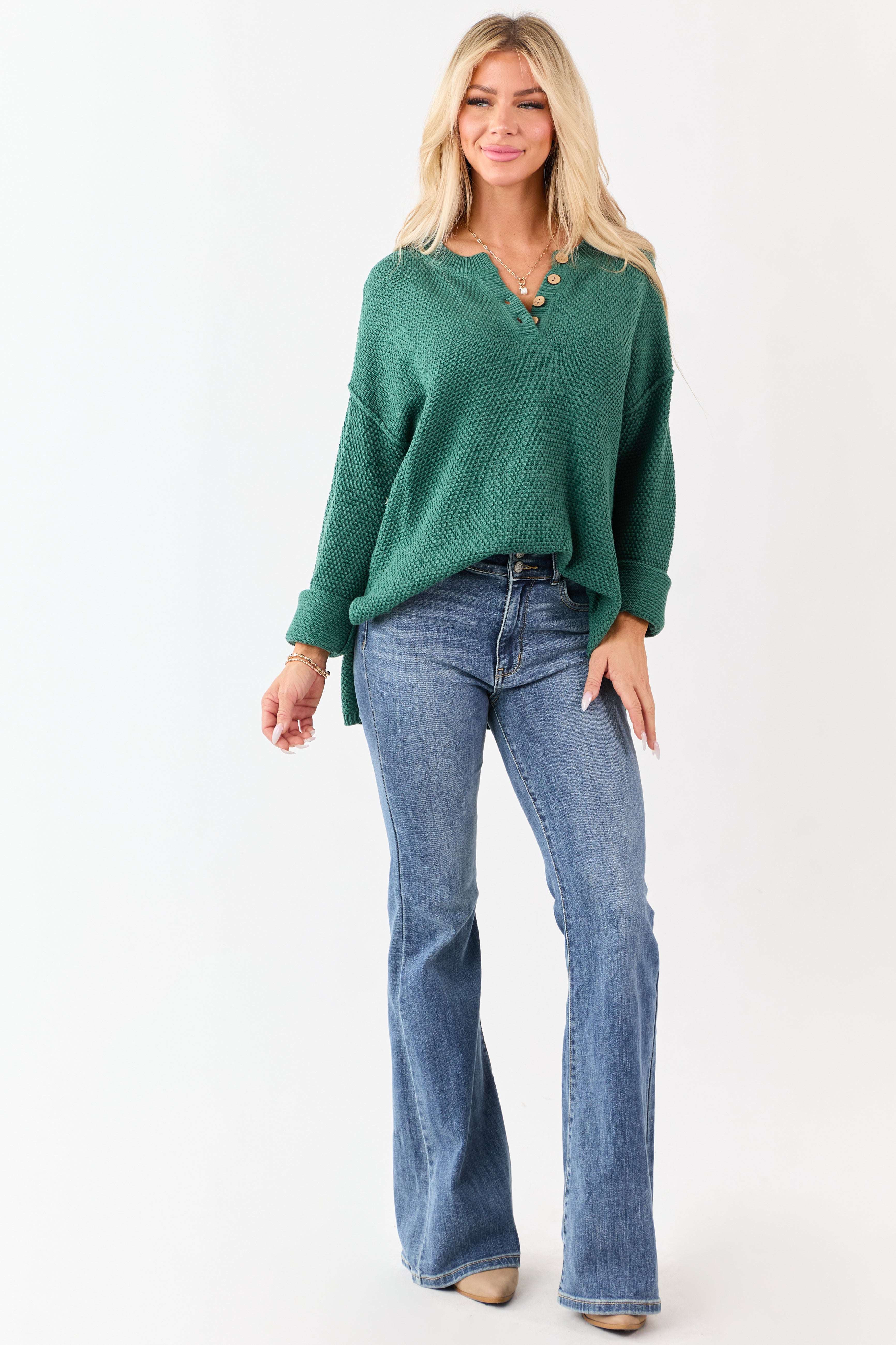 Pine Half Button Down Textured Knit Sweater