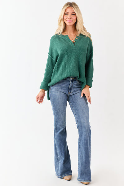 Pine Half Button Down Textured Knit Sweater