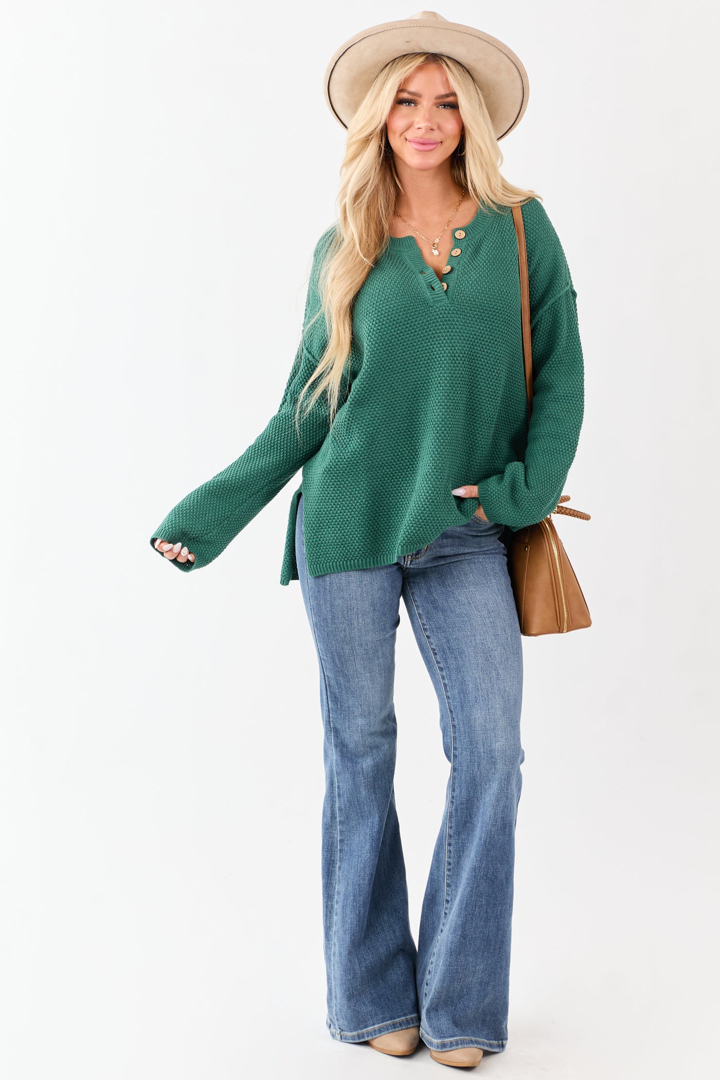 Pine Half Button Down Textured Knit Sweater