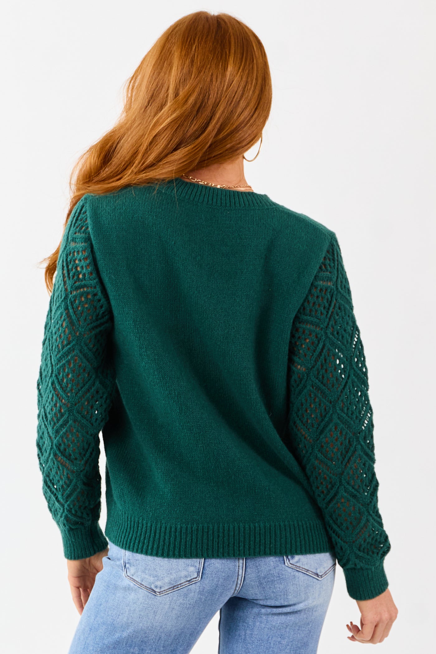 Pine Open Knit Sleeve V-Neck Pullover Sweater