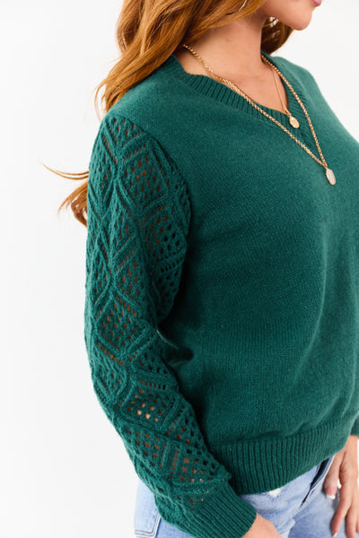 Pine Open Knit Sleeve V-Neck Pullover Sweater