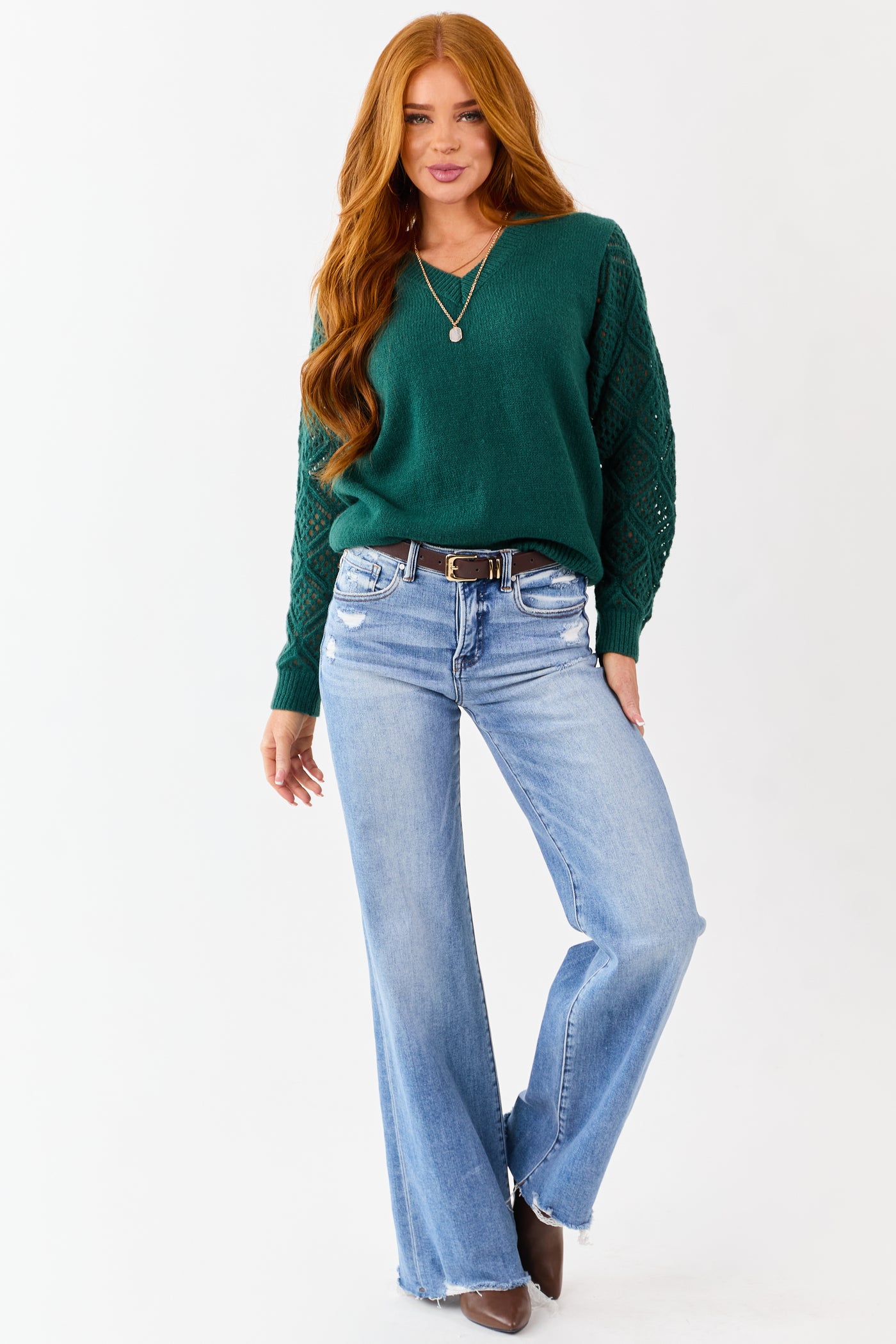 Pine Open Knit Sleeve V-Neck Pullover Sweater