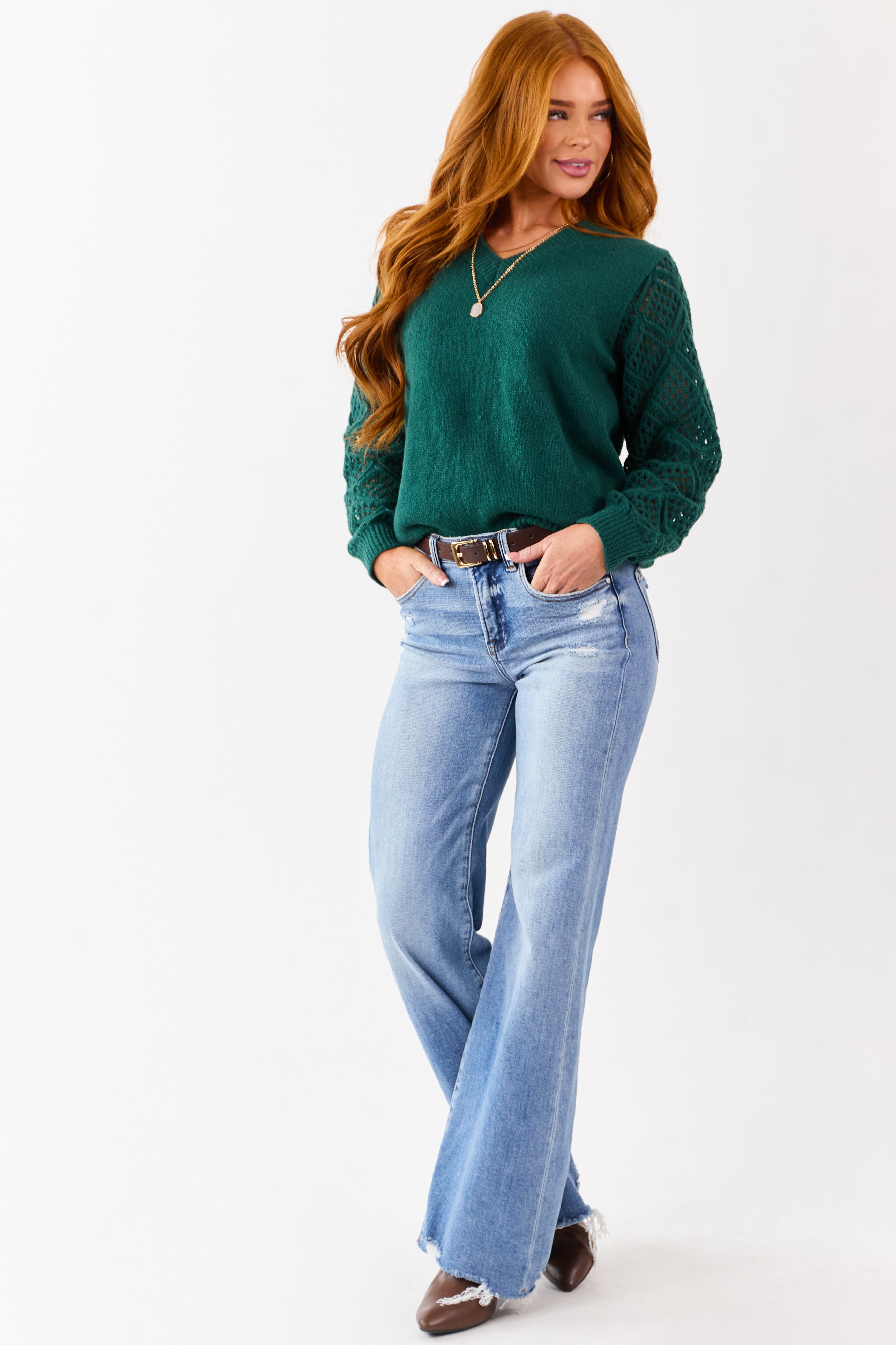 Pine Open Knit Sleeve V-Neck Pullover Sweater
