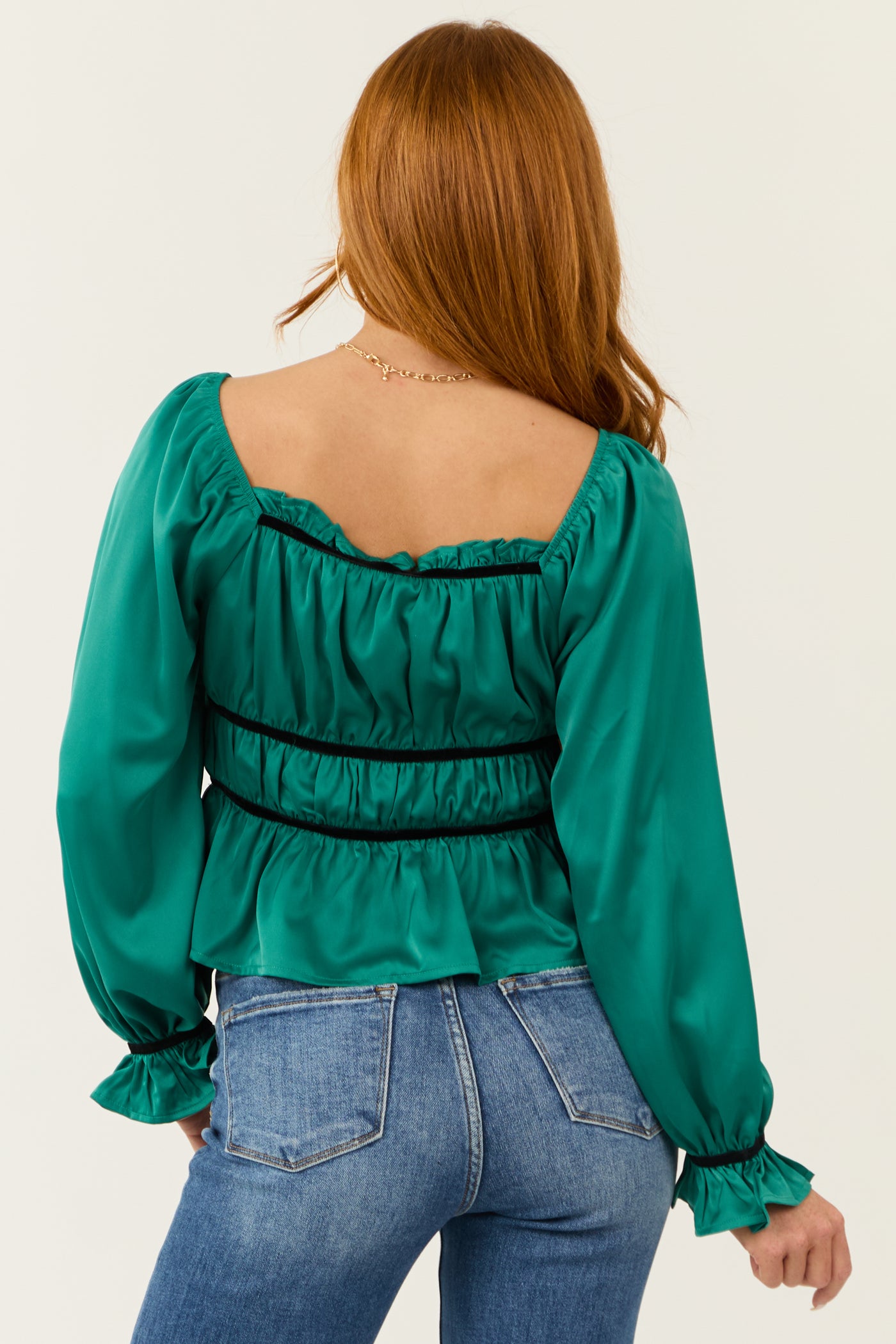 Pine Ruched Peplum Long Sleeve Satin Top