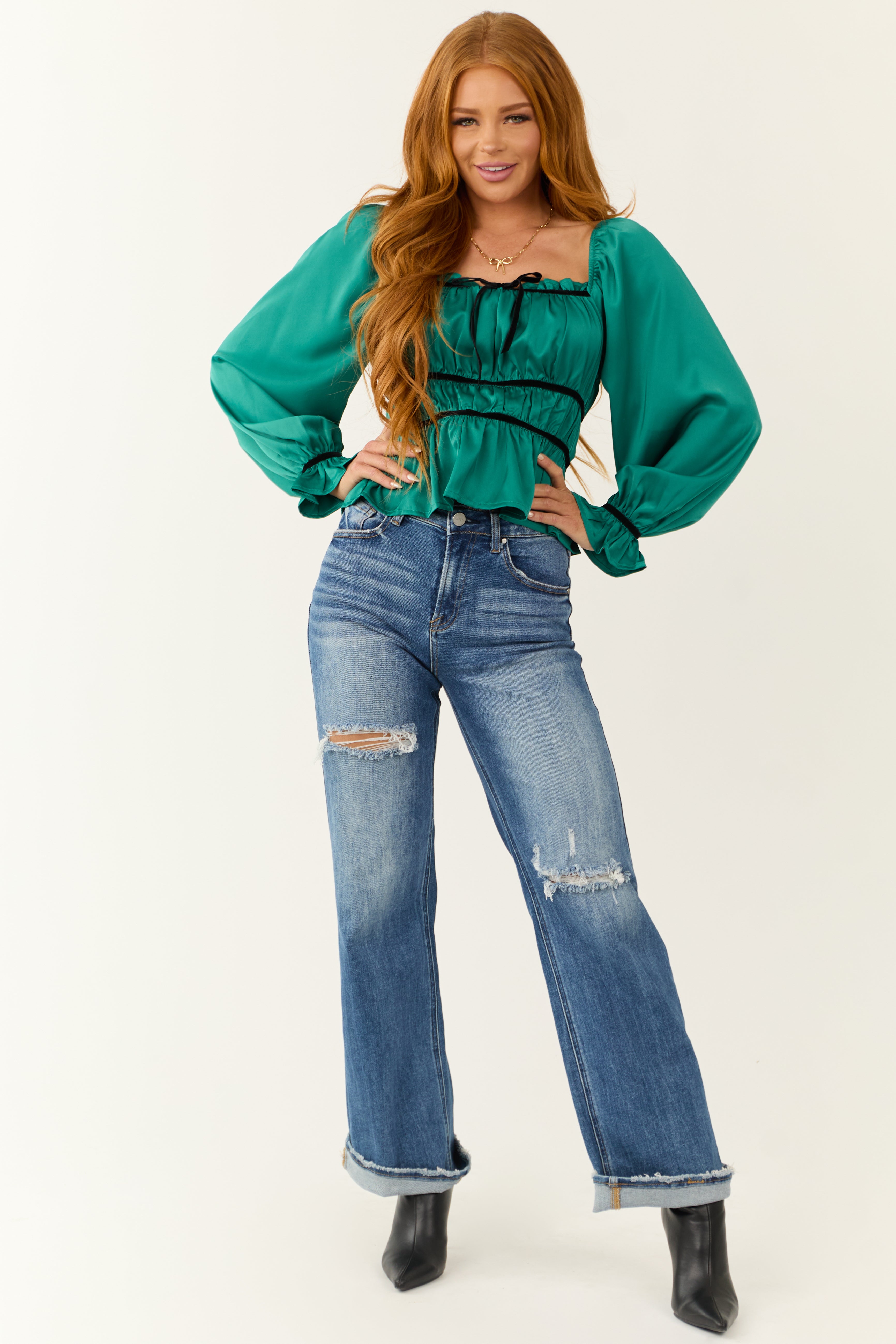 Pine Ruched Peplum Long Sleeve Satin Top