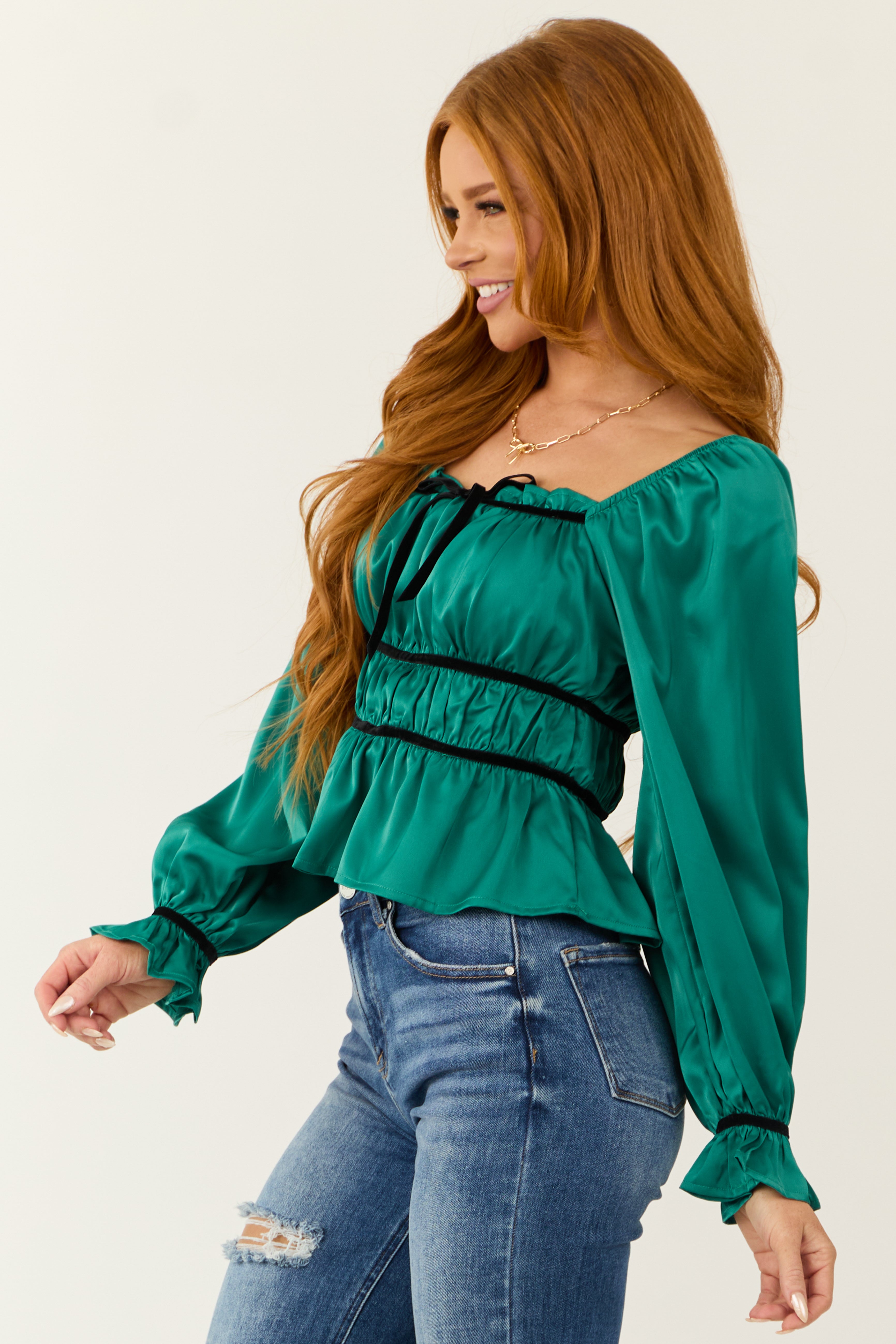 Pine Ruched Peplum Long Sleeve Satin Top