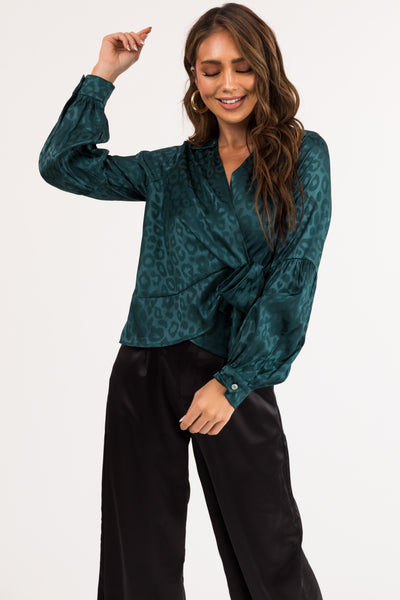 Pine Satin Leopard Print Wrap Blouse