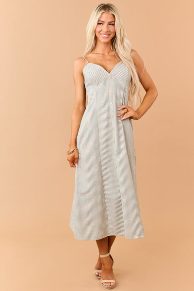 Pine Striped Faux Button Down Sleeveless Midi Dress