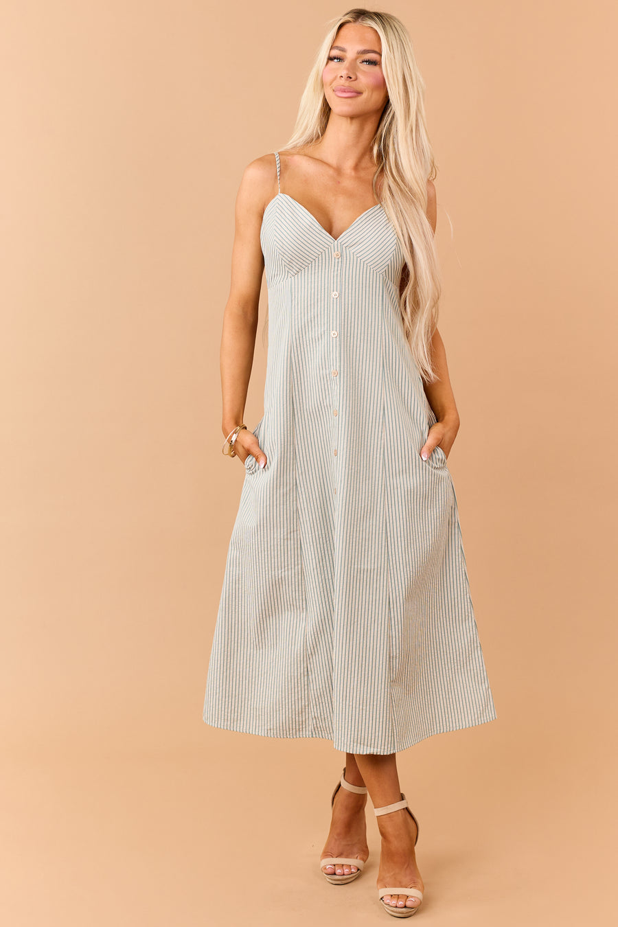 Pine Striped Faux Button Down Sleeveless Midi Dress