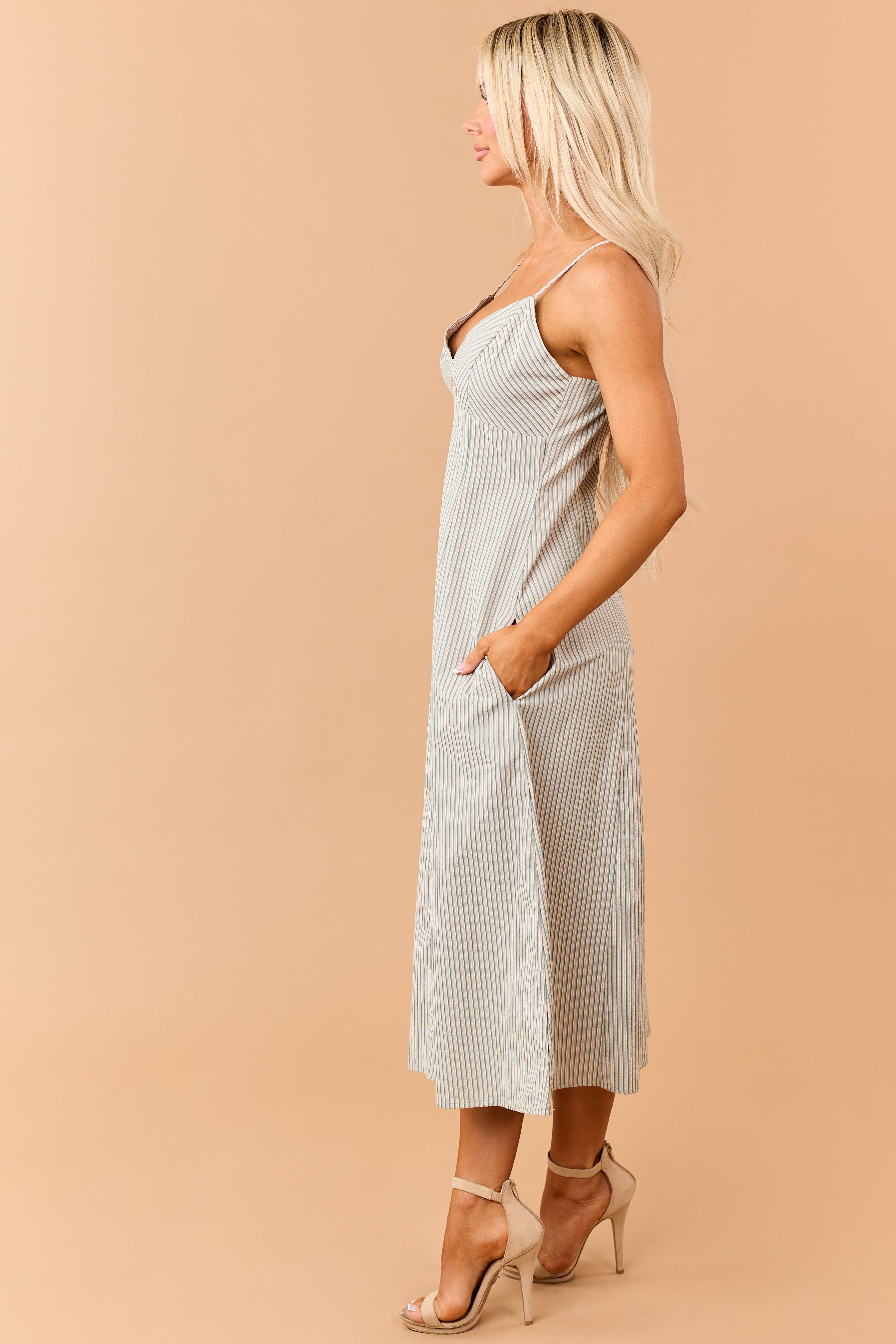 Pine Striped Faux Button Down Sleeveless Midi Dress