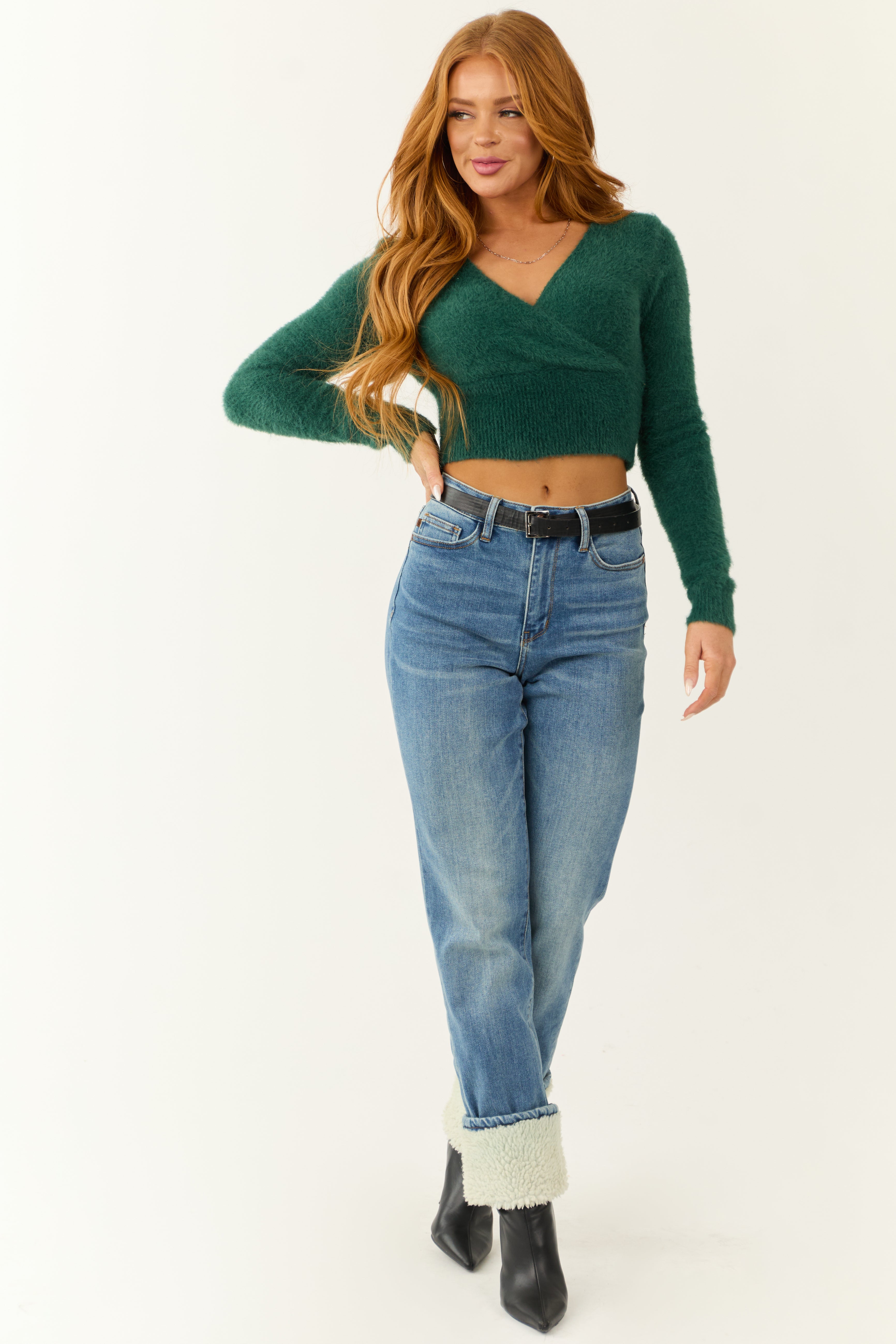 Pine Surplice Wrap Eyelash Knit Sweater | Lime Lush Boutique