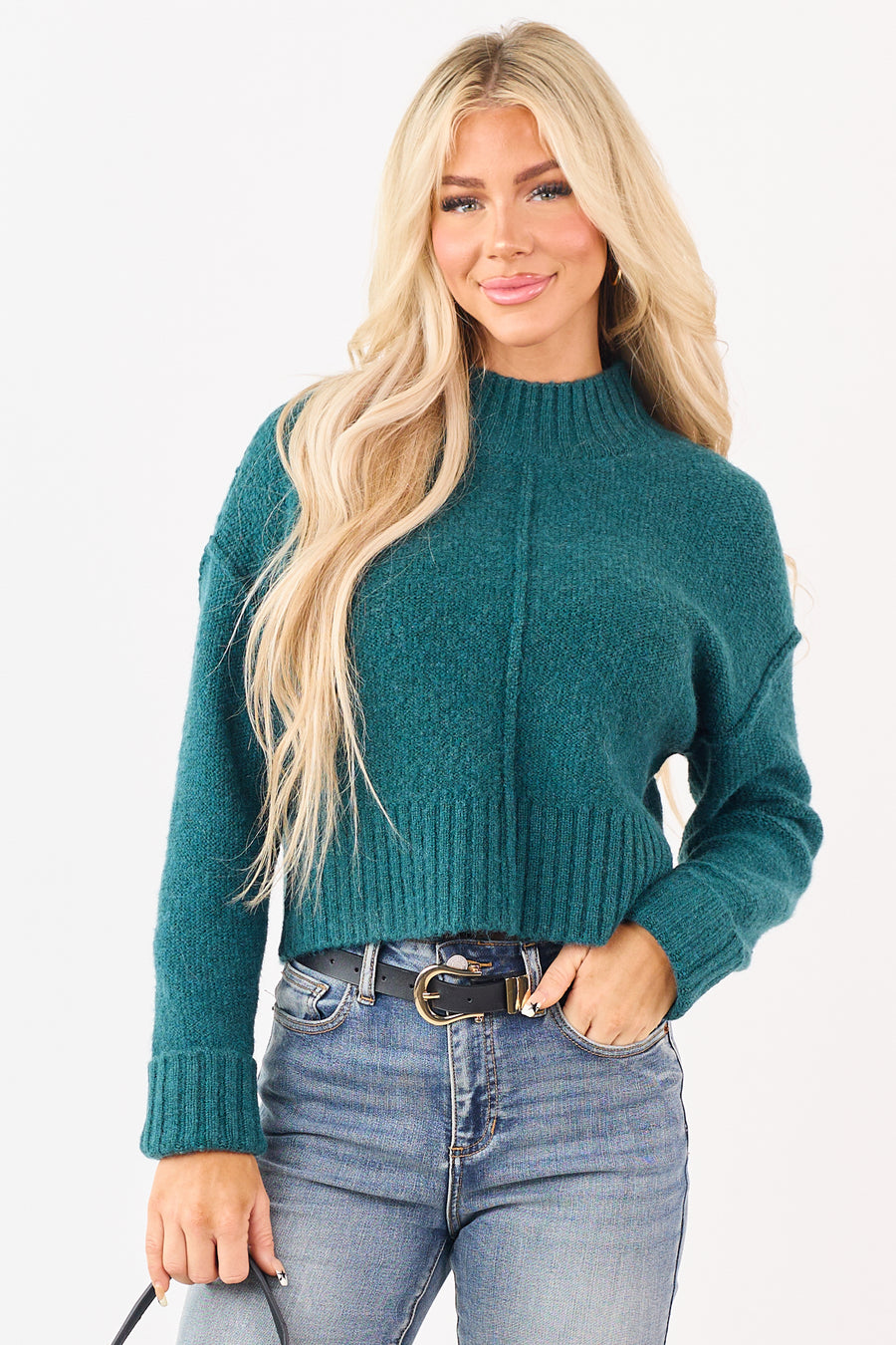 Pine Wool Blend Mock Neck Brushed Knit Sweater