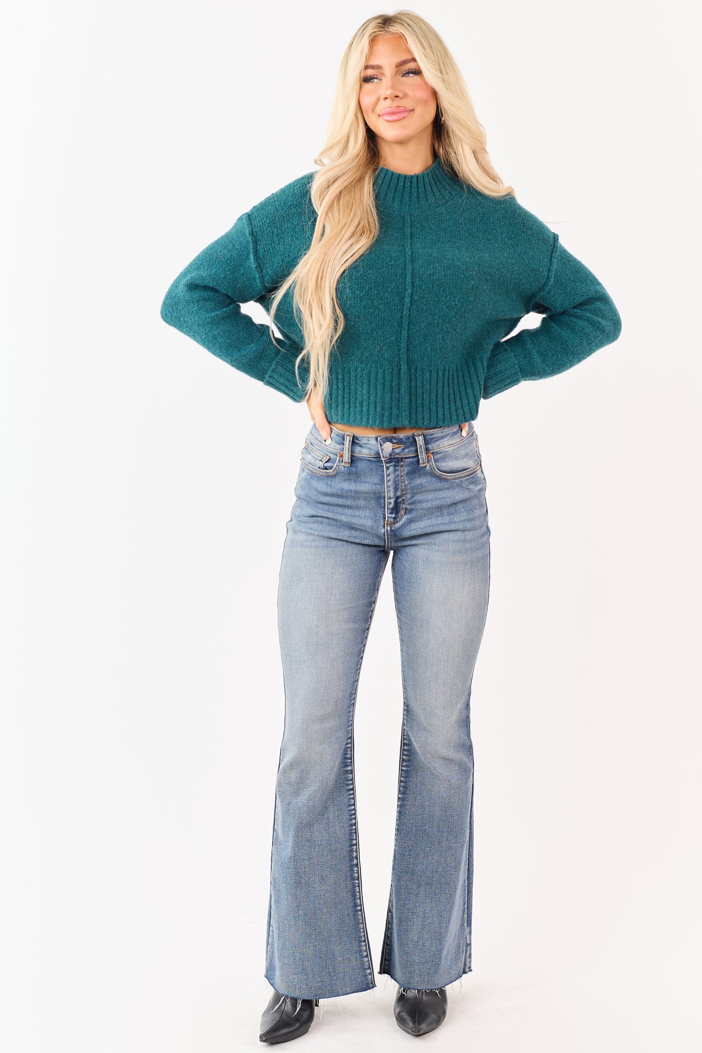 Pine Wool Blend Mock Neck Brushed Knit Sweater