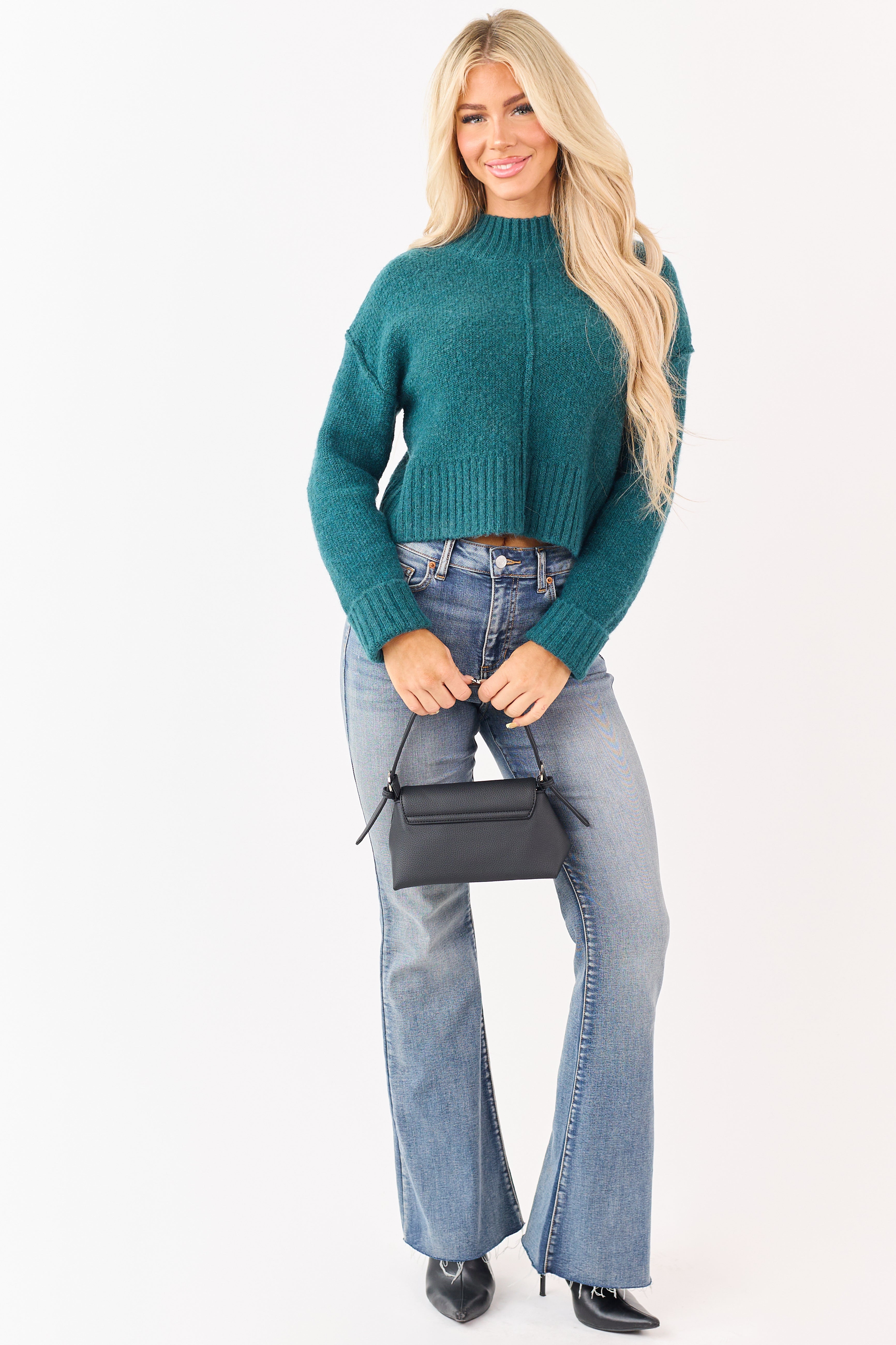 Pine Wool Blend Mock Neck Brushed Knit Sweater