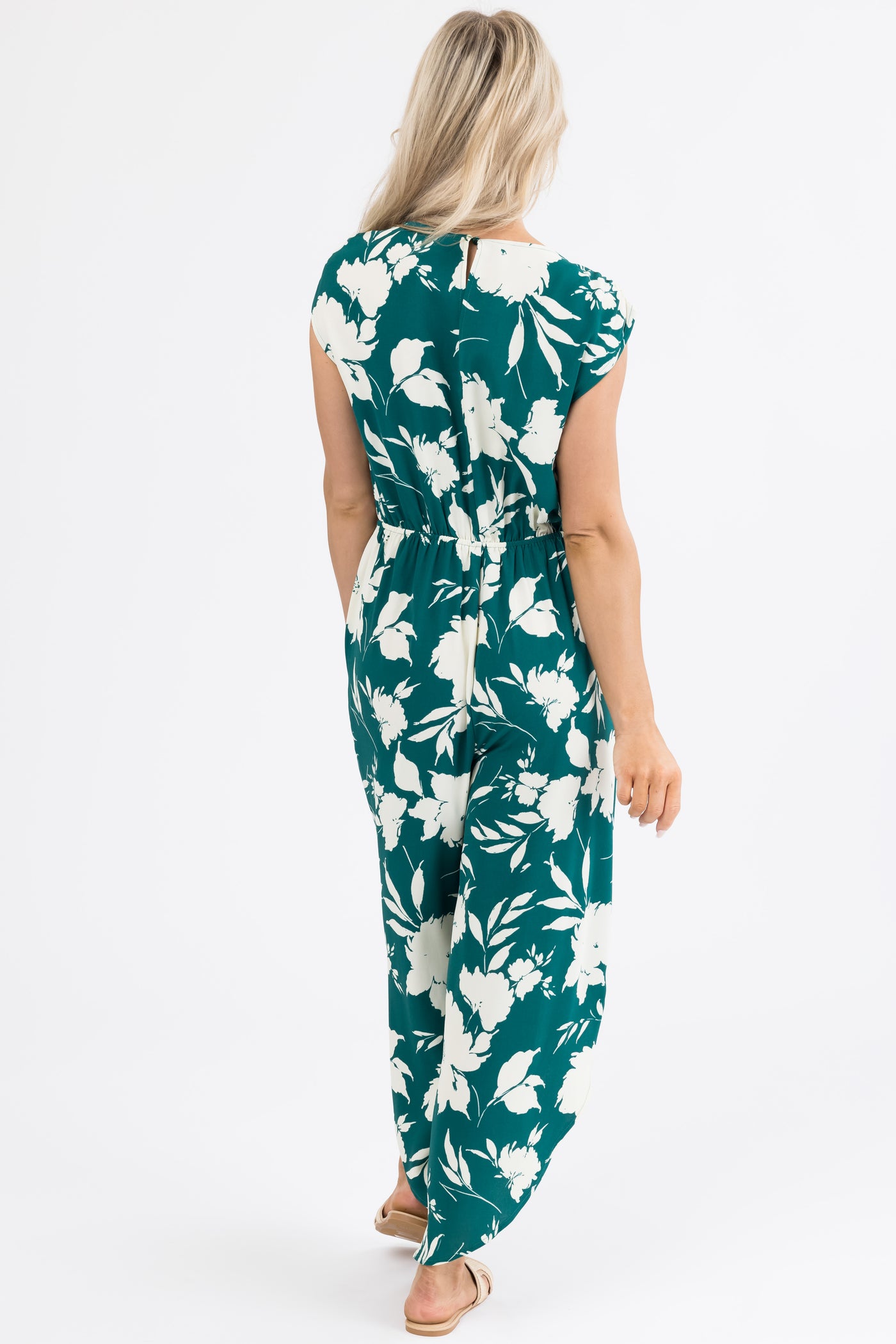 Pine and Cream Floral Print V Neck Jumpsuit