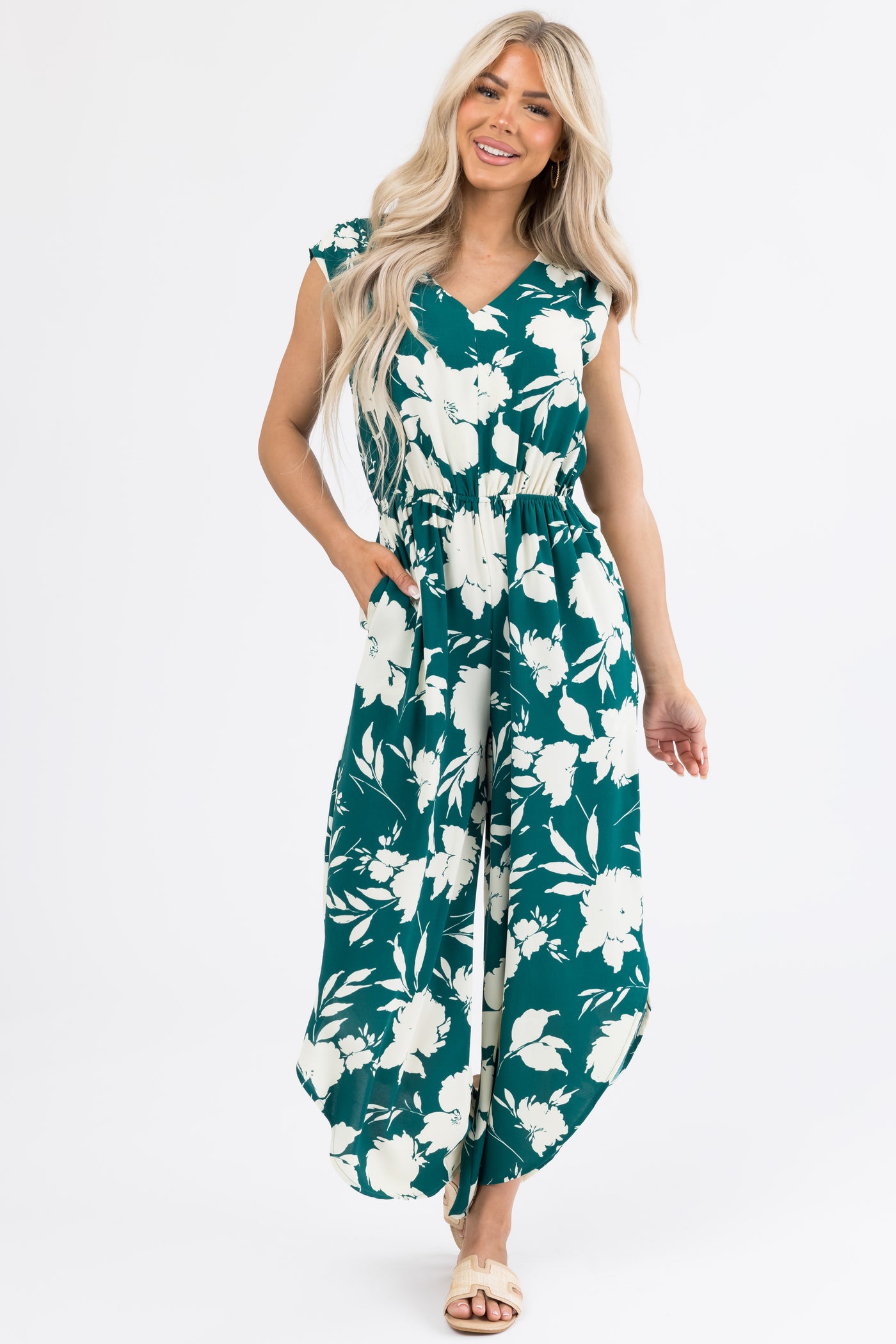 Pine and Cream Floral Print V Neck Jumpsuit