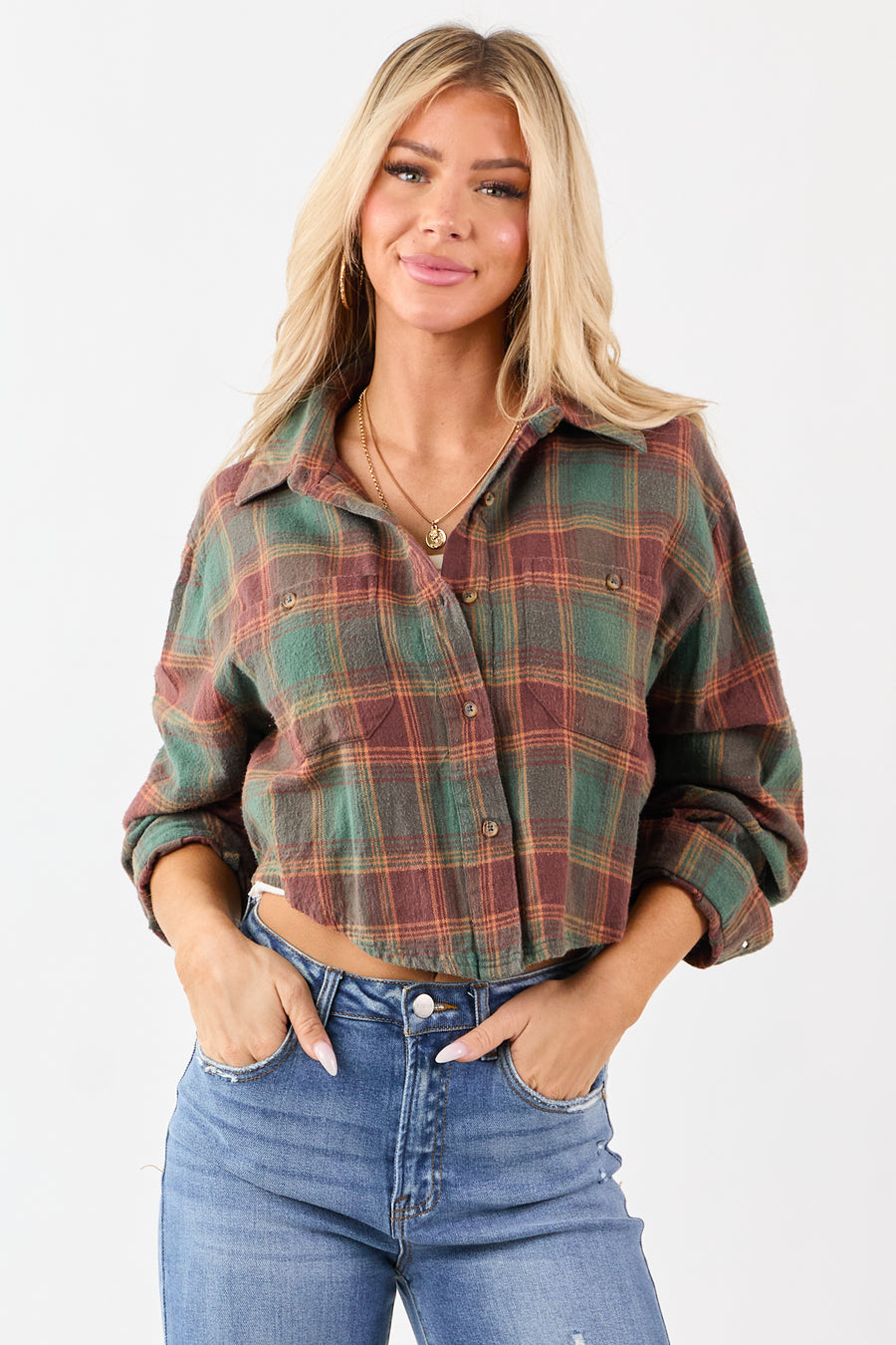 Pine and Marsala Plaid Button Down Cotton Top