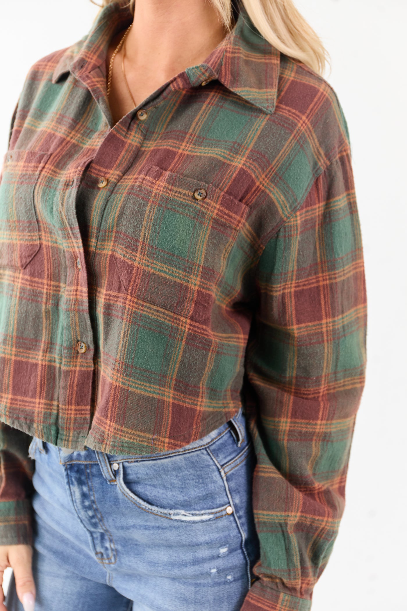 Pine and Marsala Plaid Button Down Cotton Top
