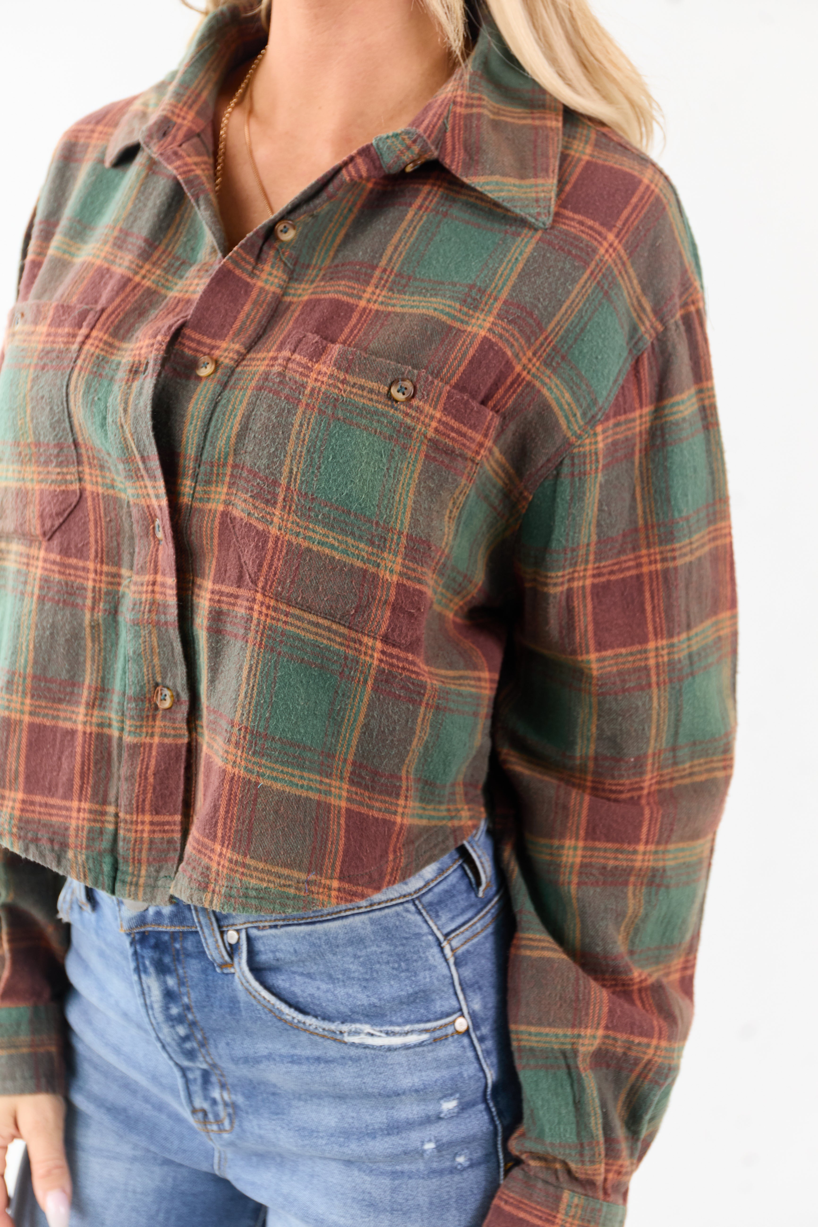 Pine and Marsala Plaid Button Down Cotton Top