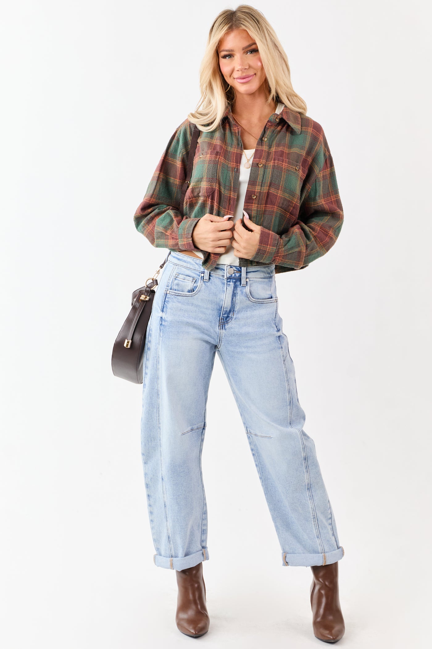 Pine and Marsala Plaid Button Down Cotton Top