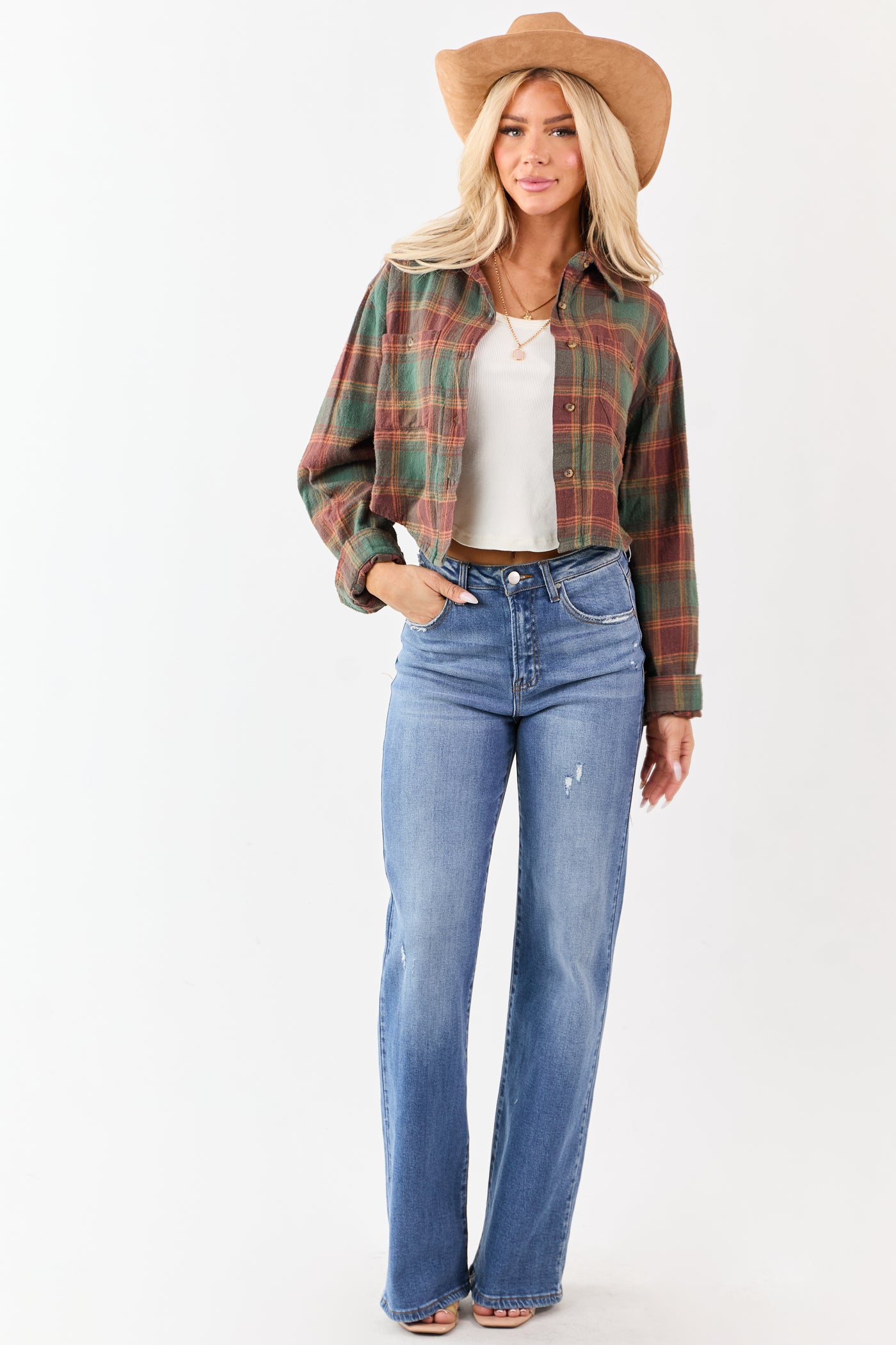 Pine and Marsala Plaid Button Down Cotton Top