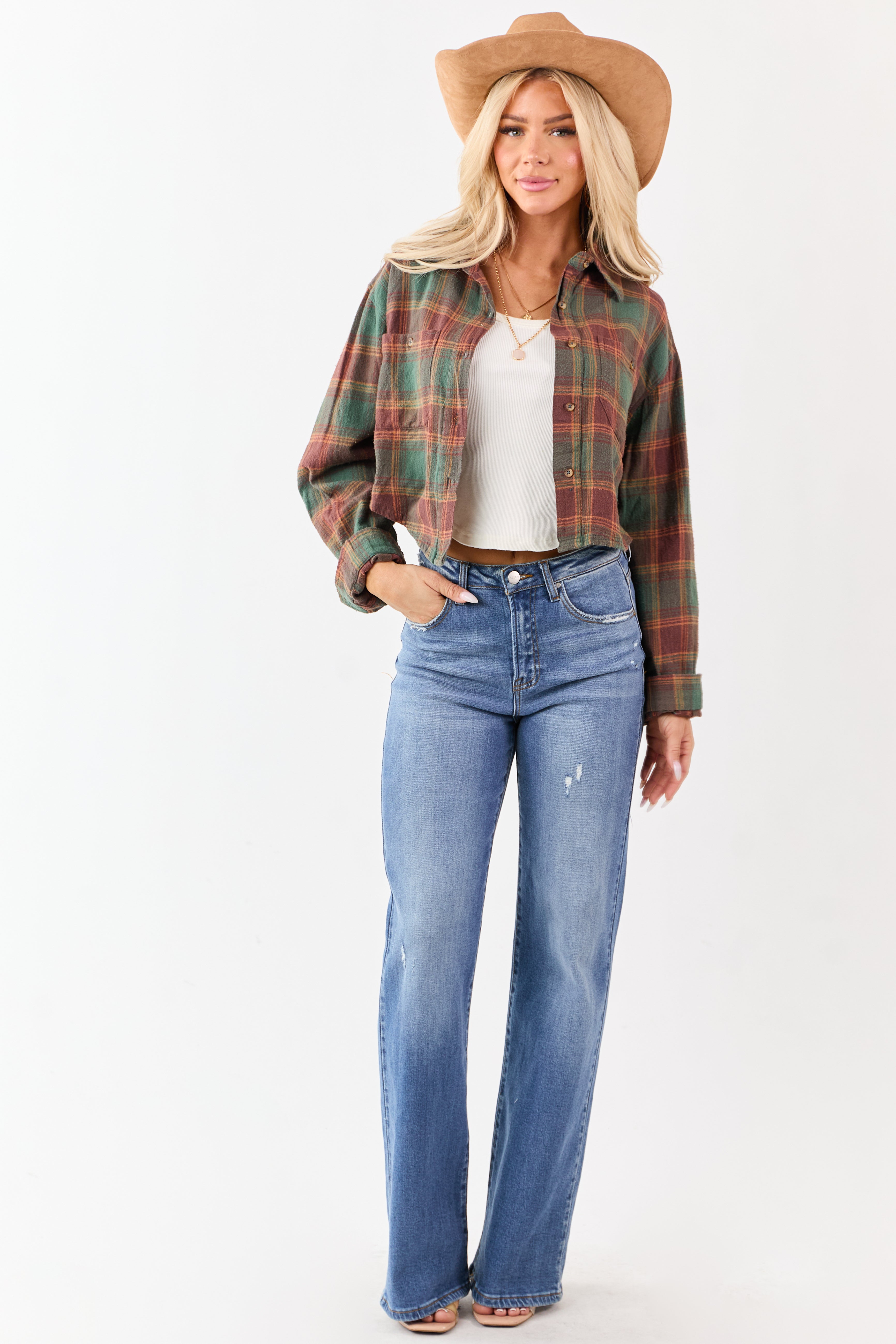 Pine and Marsala Plaid Button Down Cotton Top