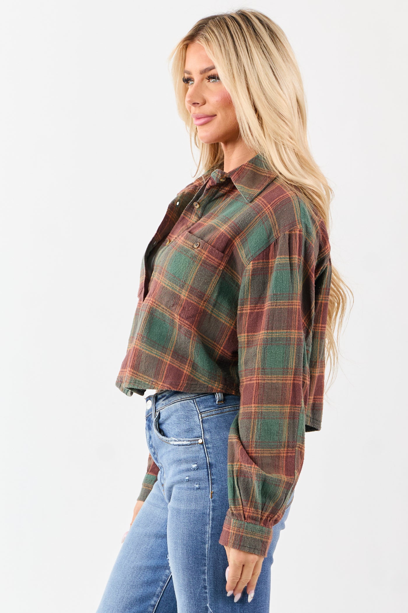 Pine and Marsala Plaid Button Down Cotton Top