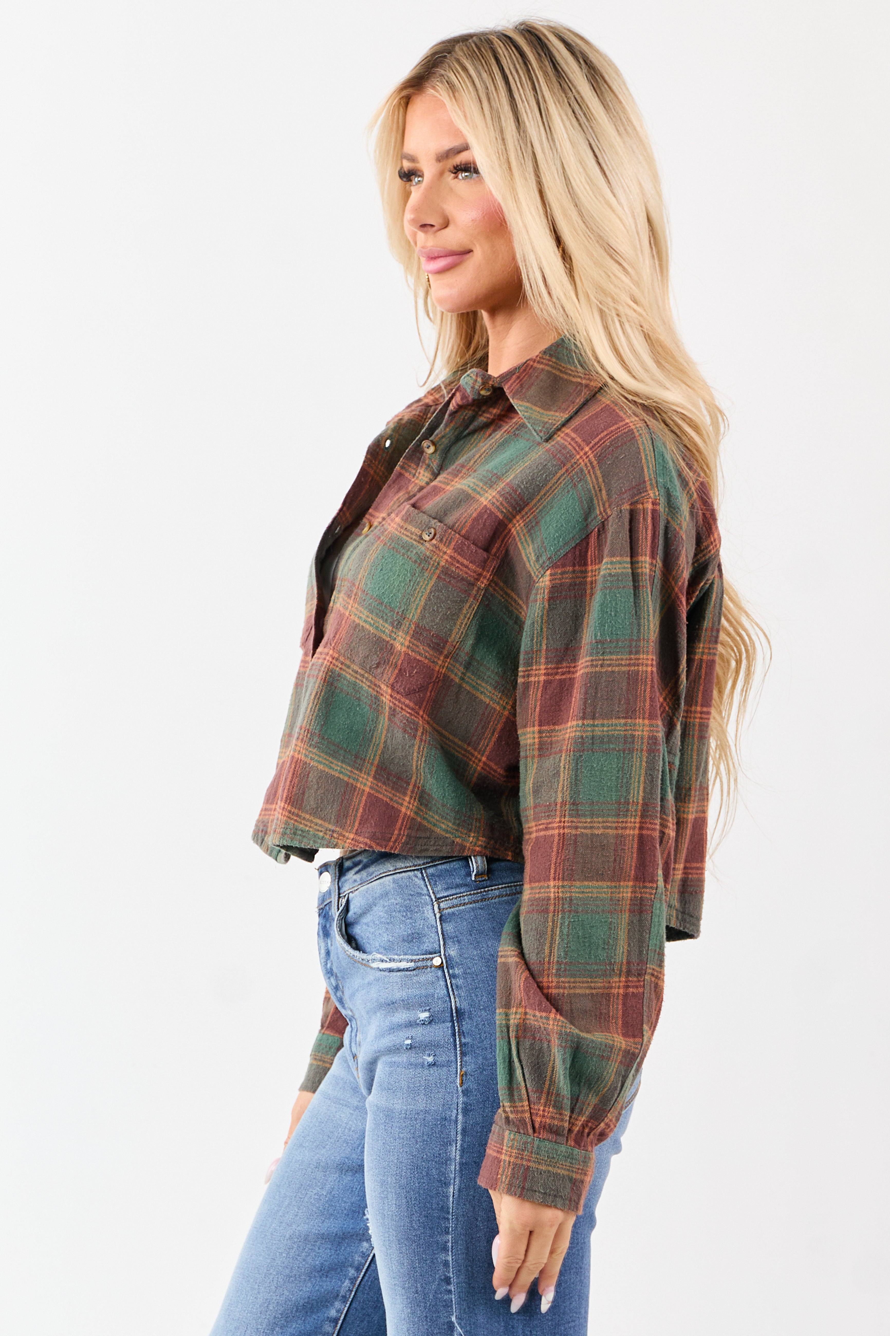 Pine and Marsala Plaid Button Down Cotton Top