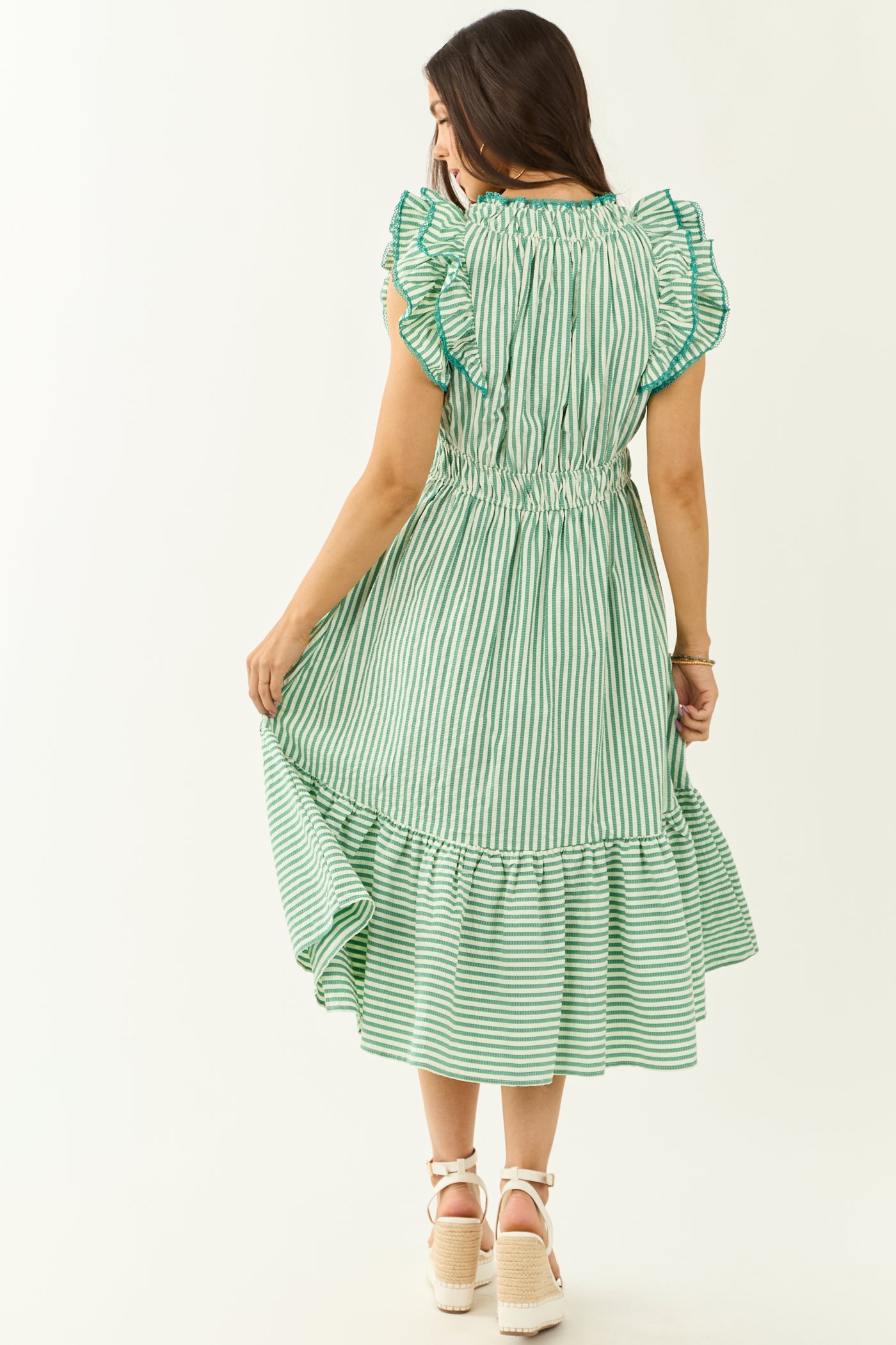 Pine and Mint Striped Ruffle Cap Sleeve Midi Dress