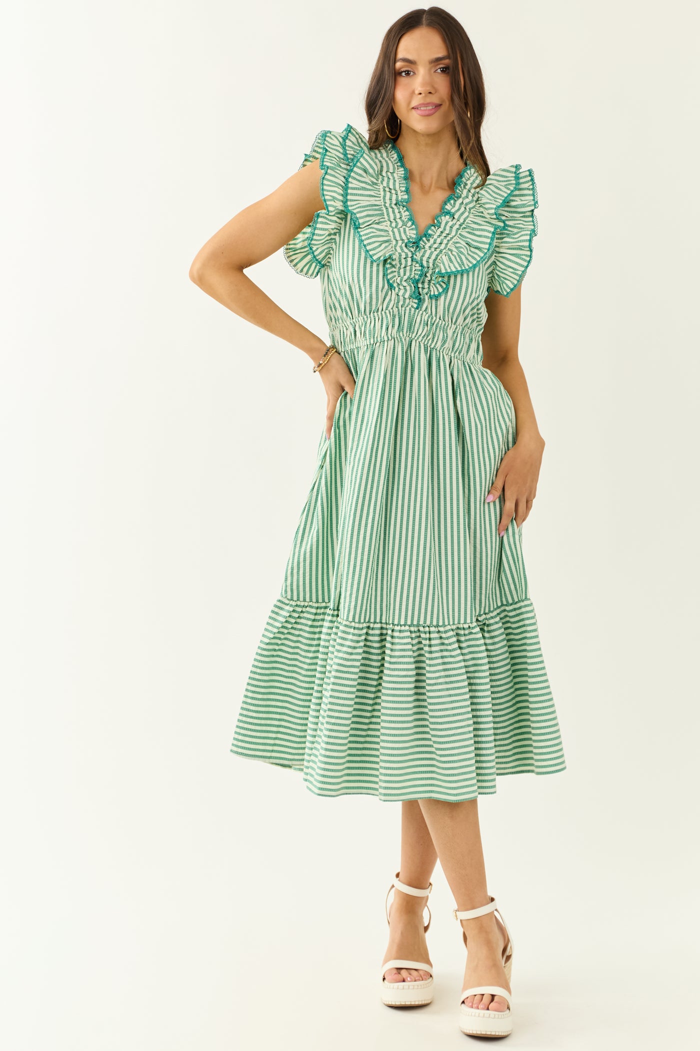Pine and Mint Striped Ruffle Cap Sleeve Midi Dress