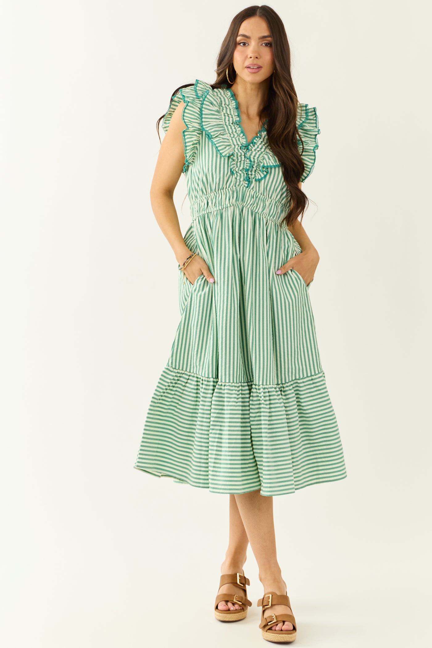 Pine and Mint Striped Ruffle Cap Sleeve Midi Dress | Lime Lush Boutique Pine and Mint Striped Ruffle Cap Sleeve Midi Dress | Lime Lush Boutique