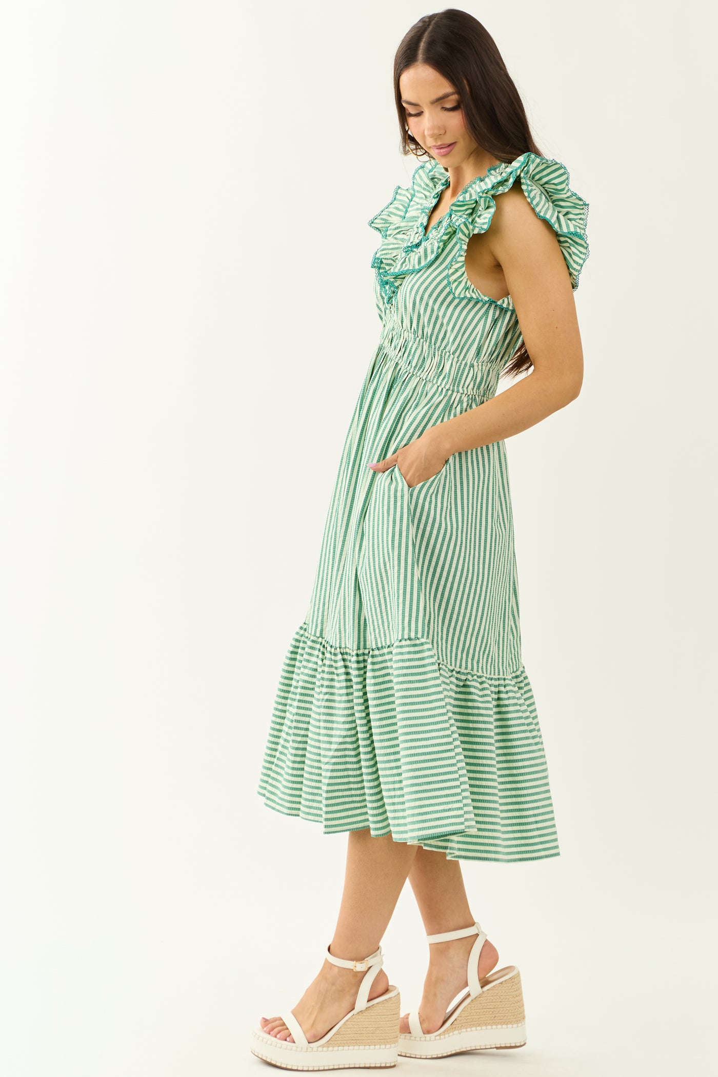 Pine and Mint Striped Ruffle Cap Sleeve Midi Dress