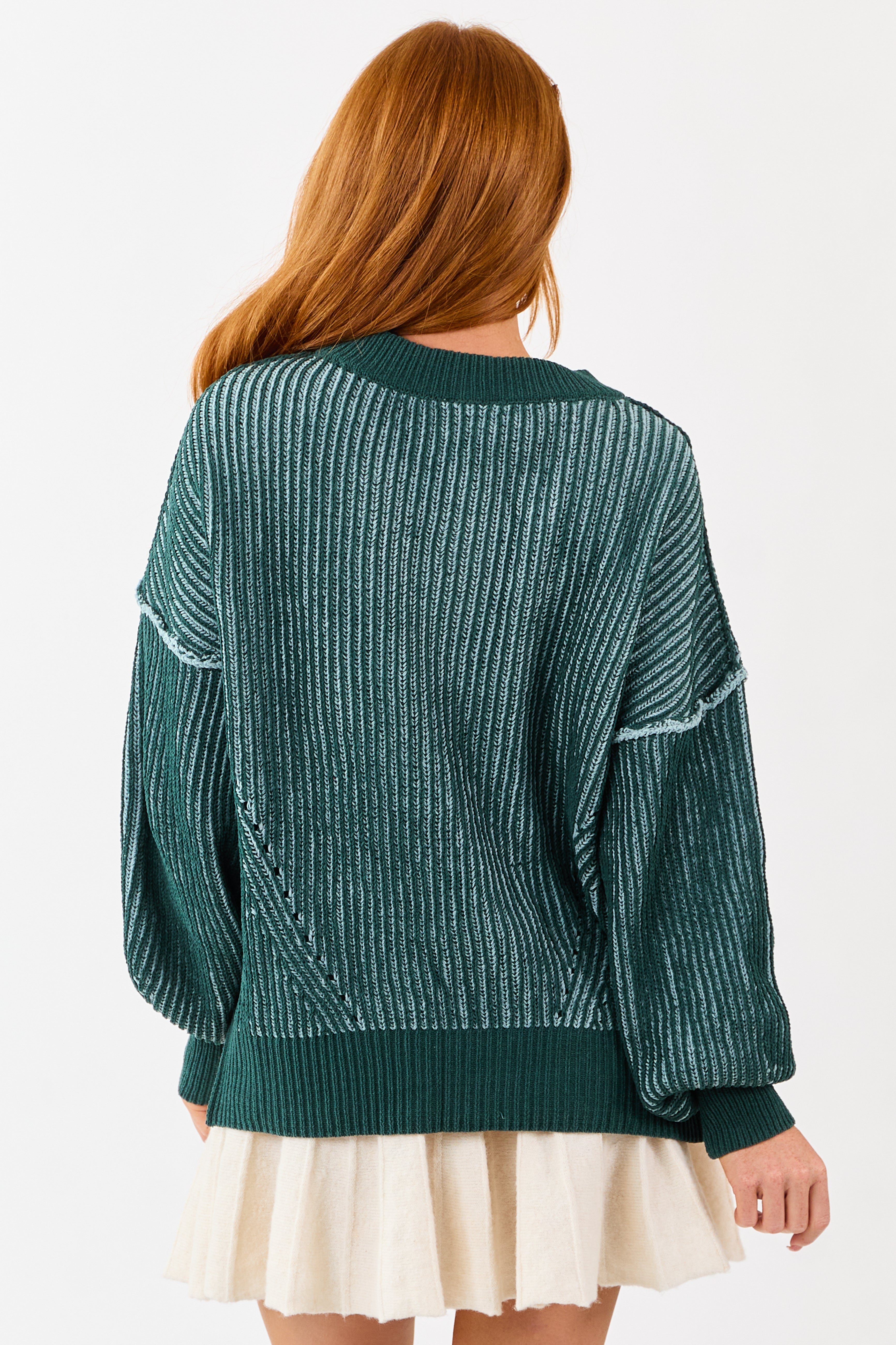 Pine and Mint Two Tone Ribbed Knit Sweater